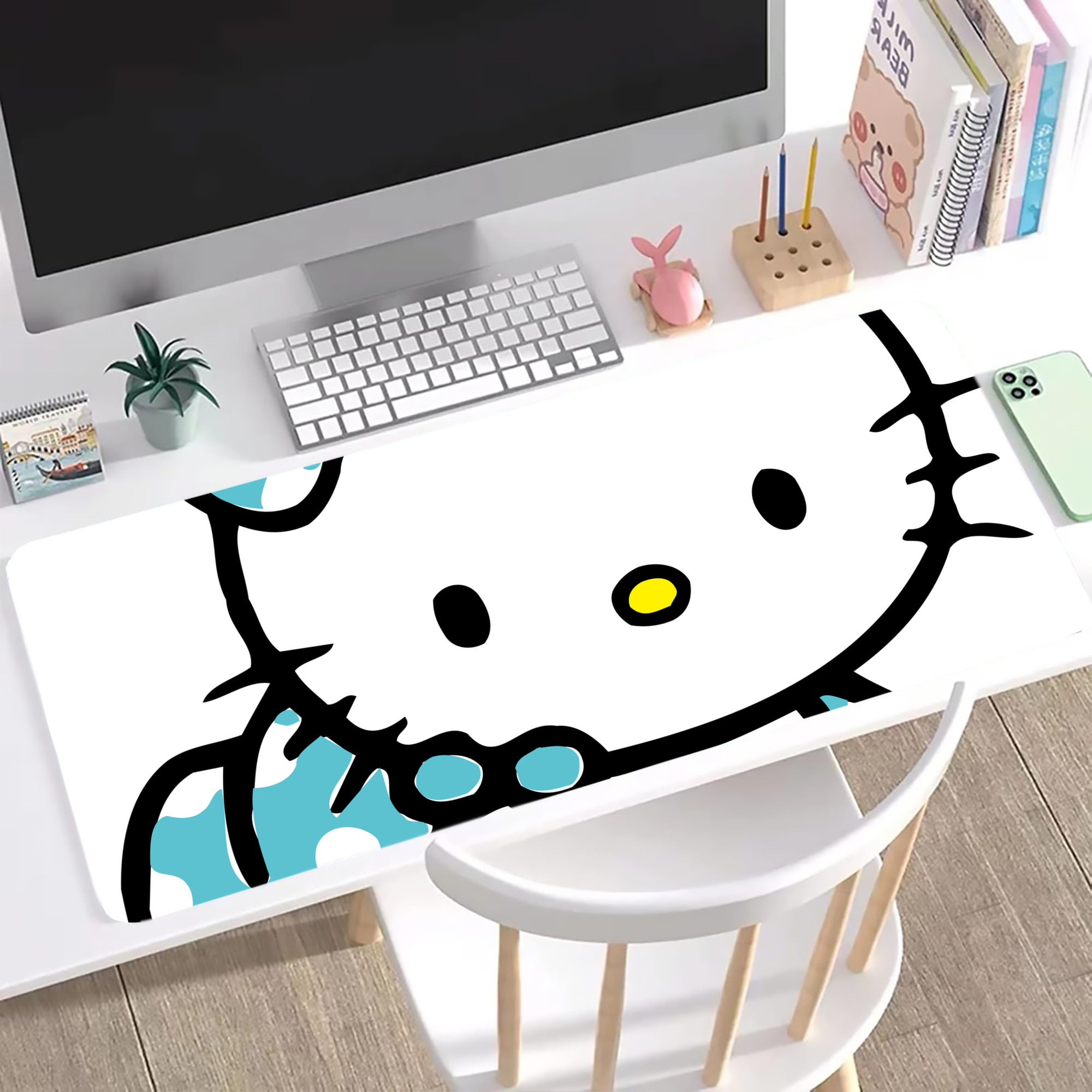 （画像用） Hello Kitty ハローキティ ステッチ加工 大判デスクマット／滑り止めマウスパッド