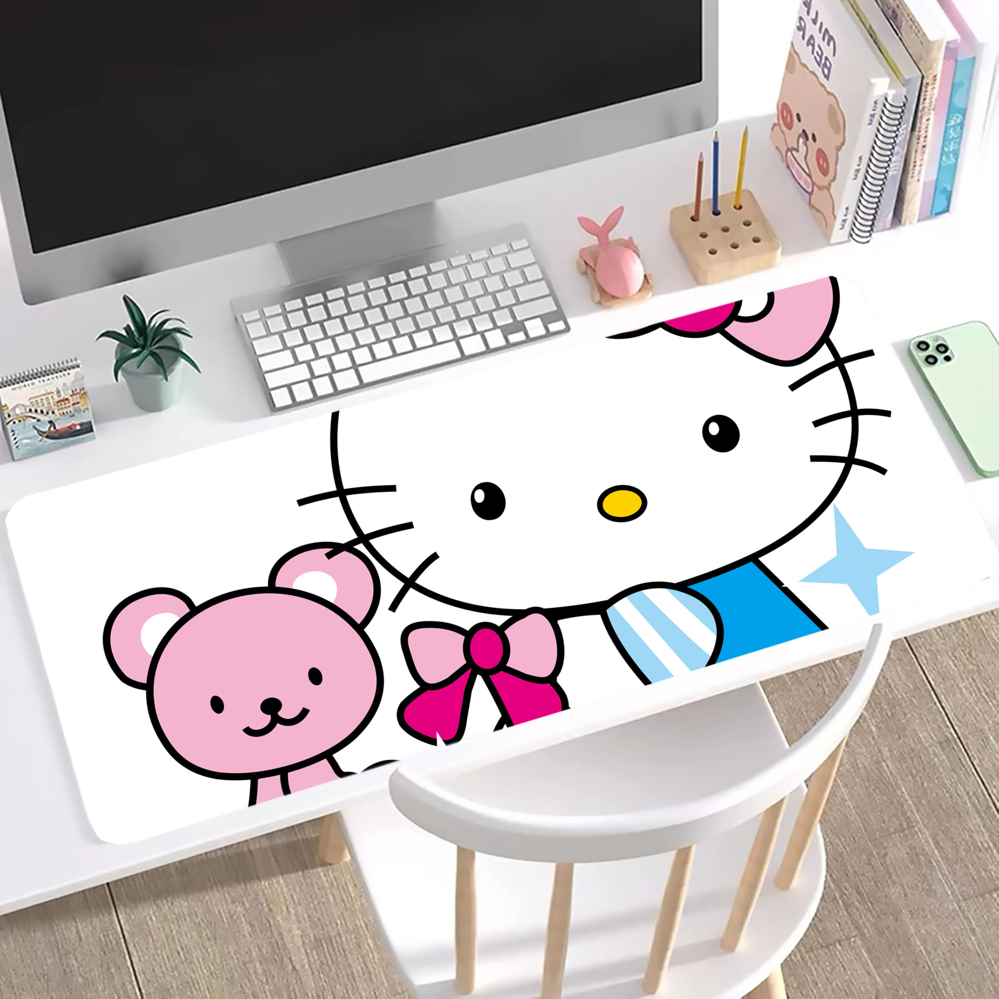 （画像用） Hello Kitty ハローキティ ステッチ加工 大判デスクマット／滑り止めマウスパッド