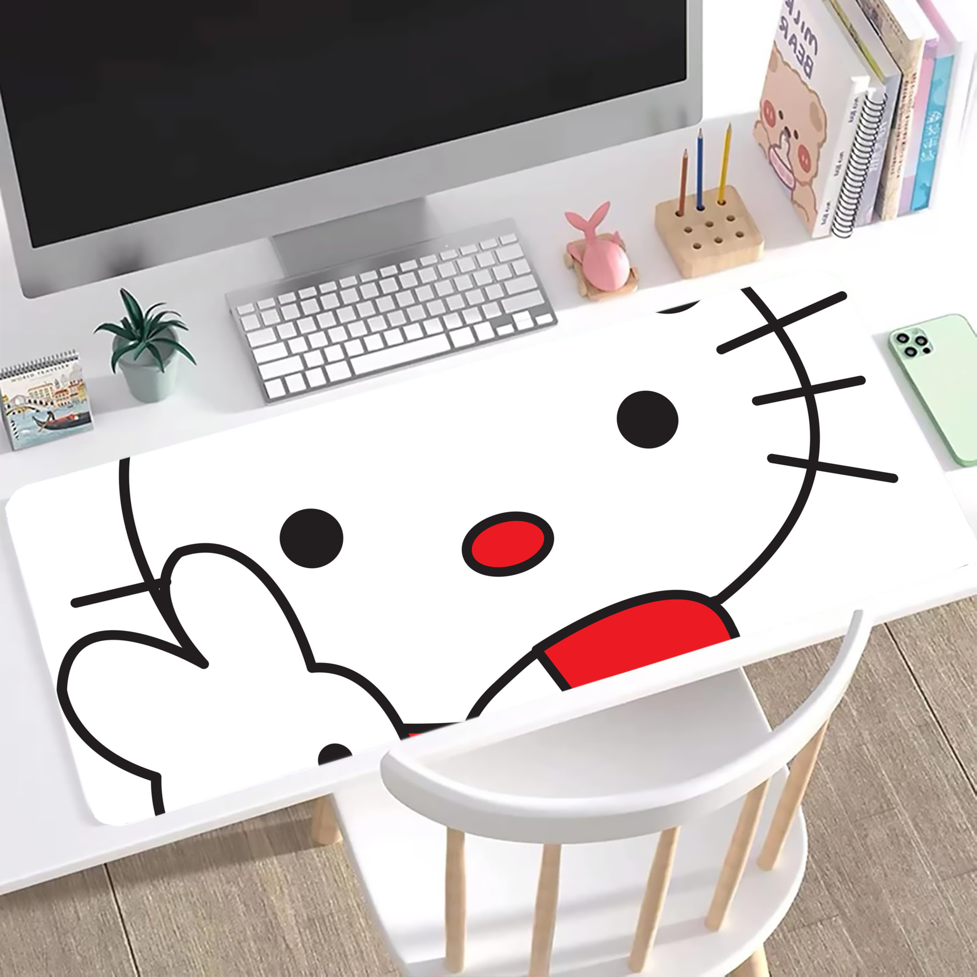 （画像用） Hello Kitty ハローキティ ステッチ加工 大判デスクマット／滑り止めマウスパッド