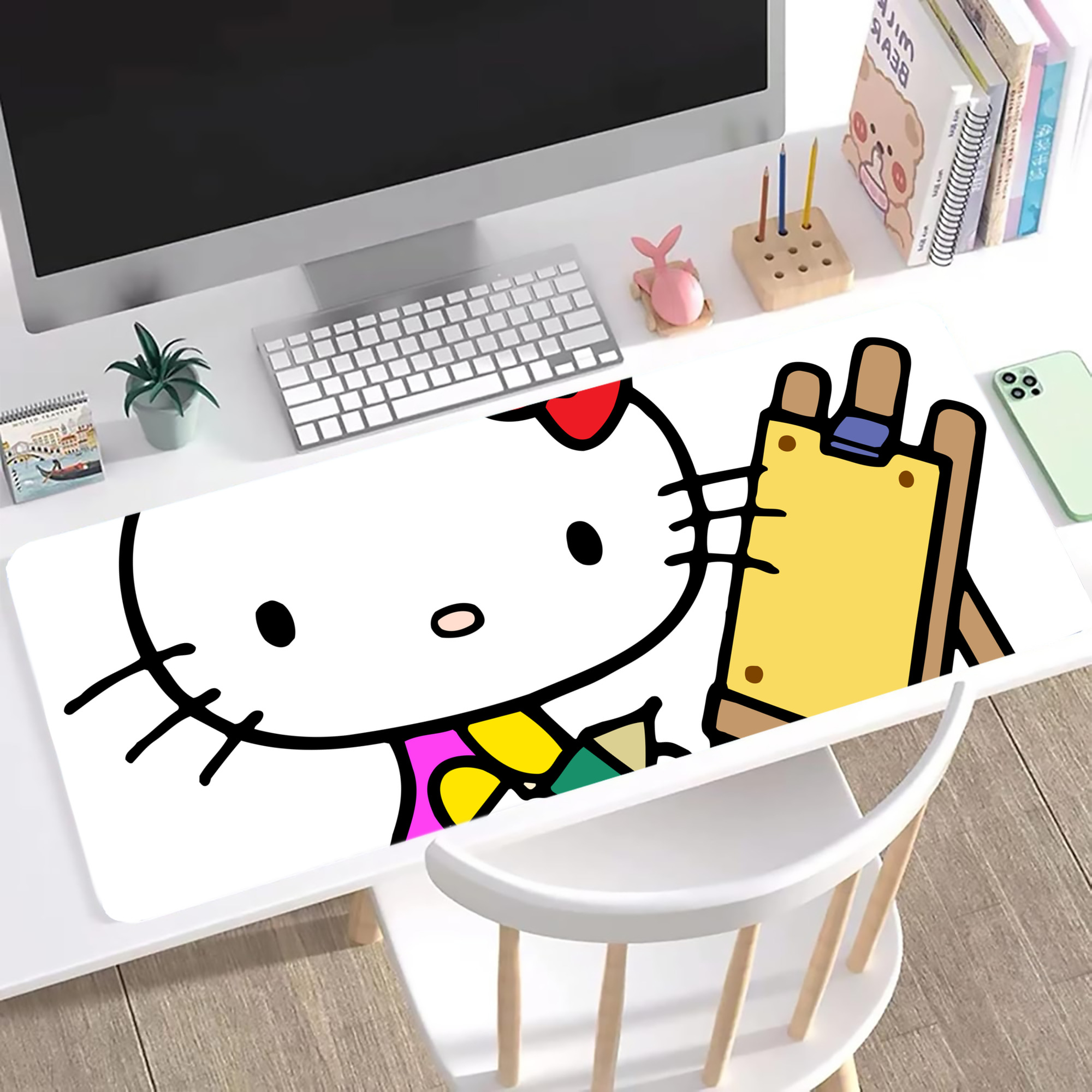 （画像用） Hello Kitty ハローキティ ステッチ加工 大判デスクマット／滑り止めマウスパッド