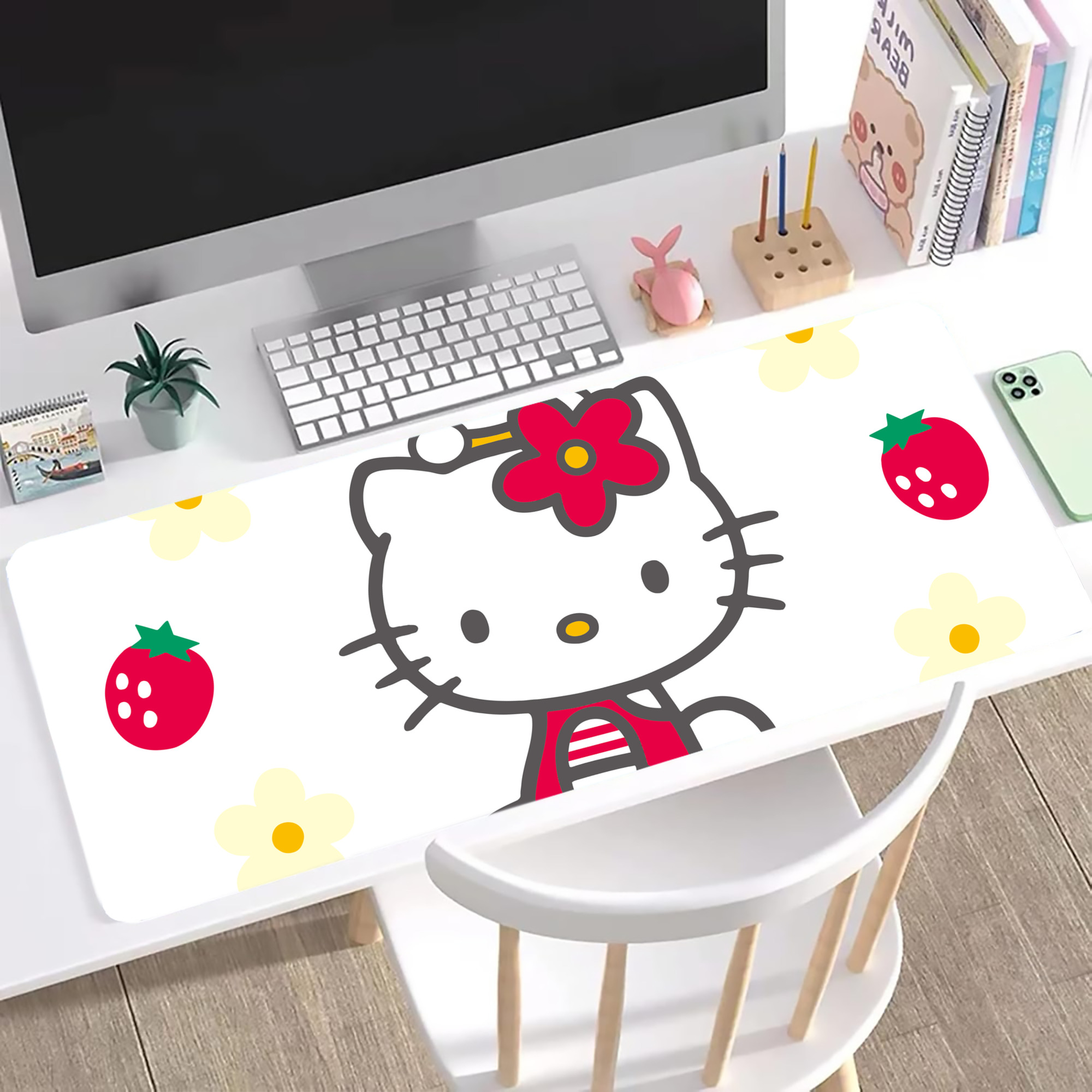 （画像用） Hello Kitty ハローキティ ステッチ加工 大判デスクマット／滑り止めマウスパッド