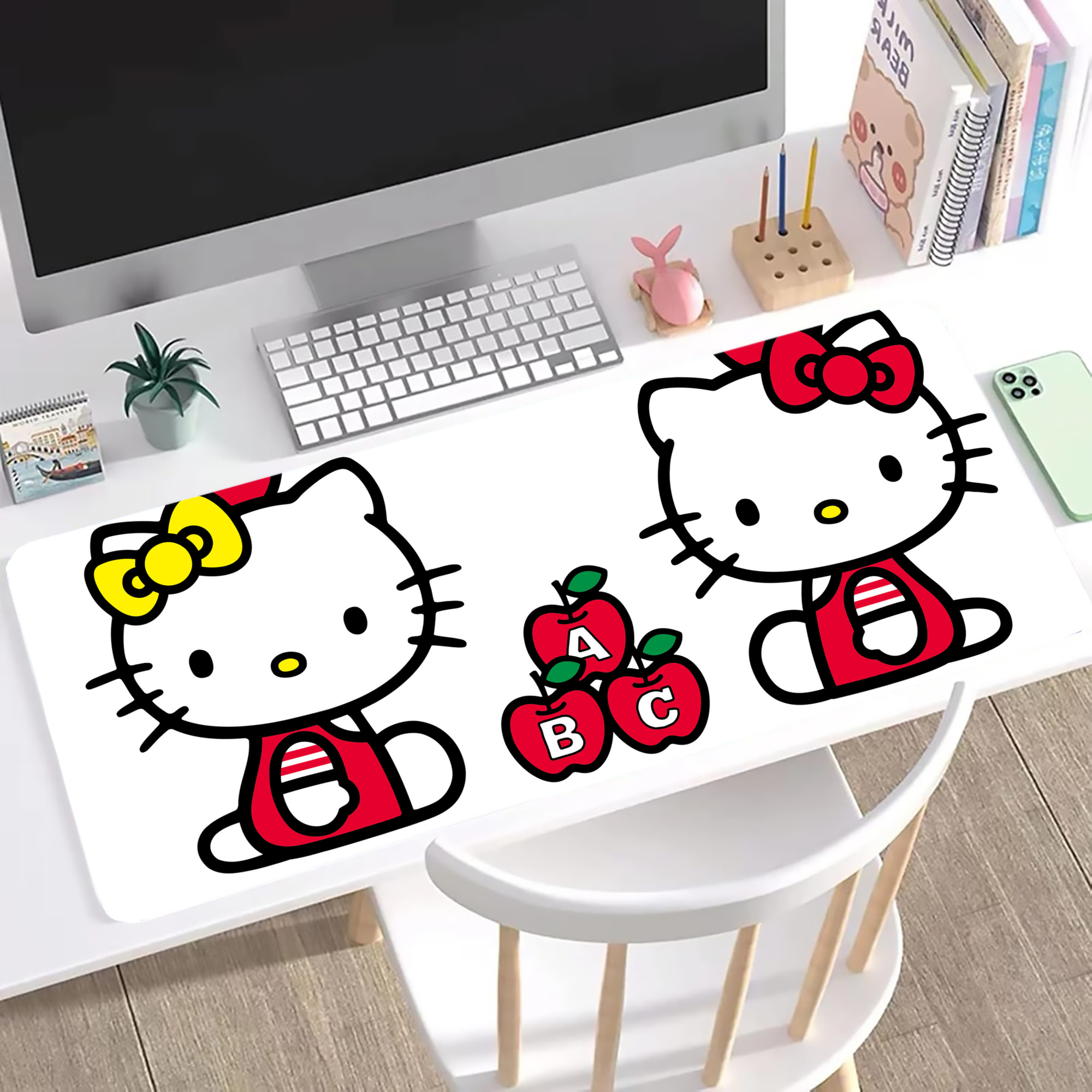 （画像用） Hello Kitty ハローキティ ステッチ加工 大判デスクマット／滑り止めマウスパッド