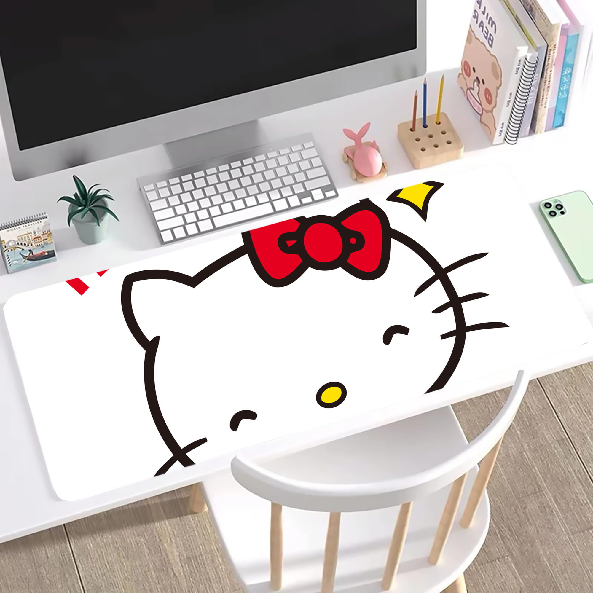 （画像用） Hello Kitty ハローキティ ステッチ加工 大判デスクマット／滑り止めマウスパッド