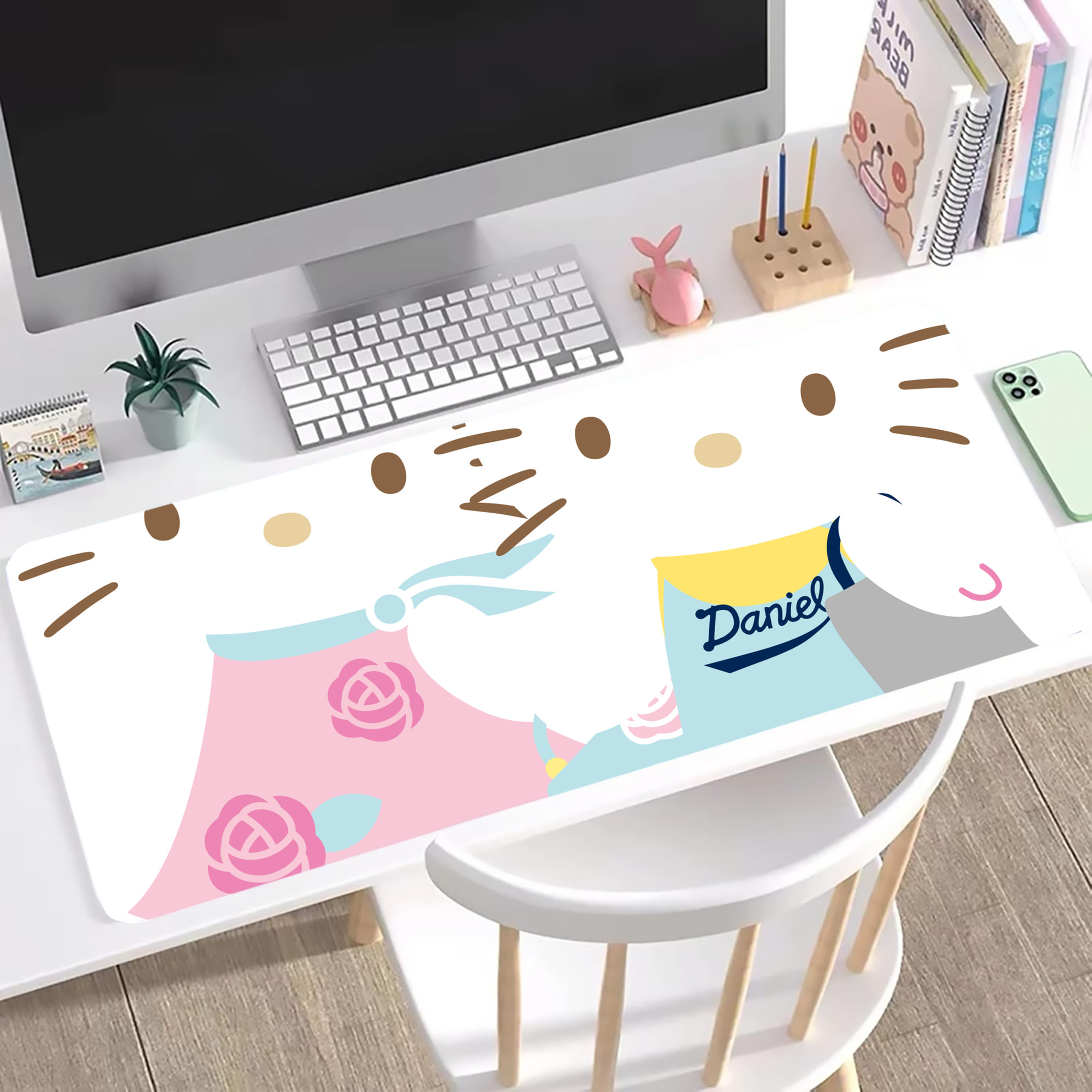 （画像用） Hello Kitty ハローキティ ステッチ加工 大判デスクマット／滑り止めマウスパッド