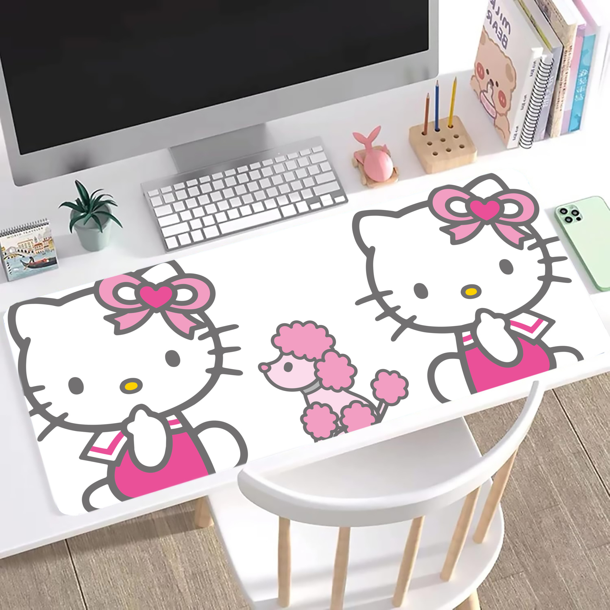 （画像用） Hello Kitty ハローキティ ステッチ加工 大判デスクマット／滑り止めマウスパッド