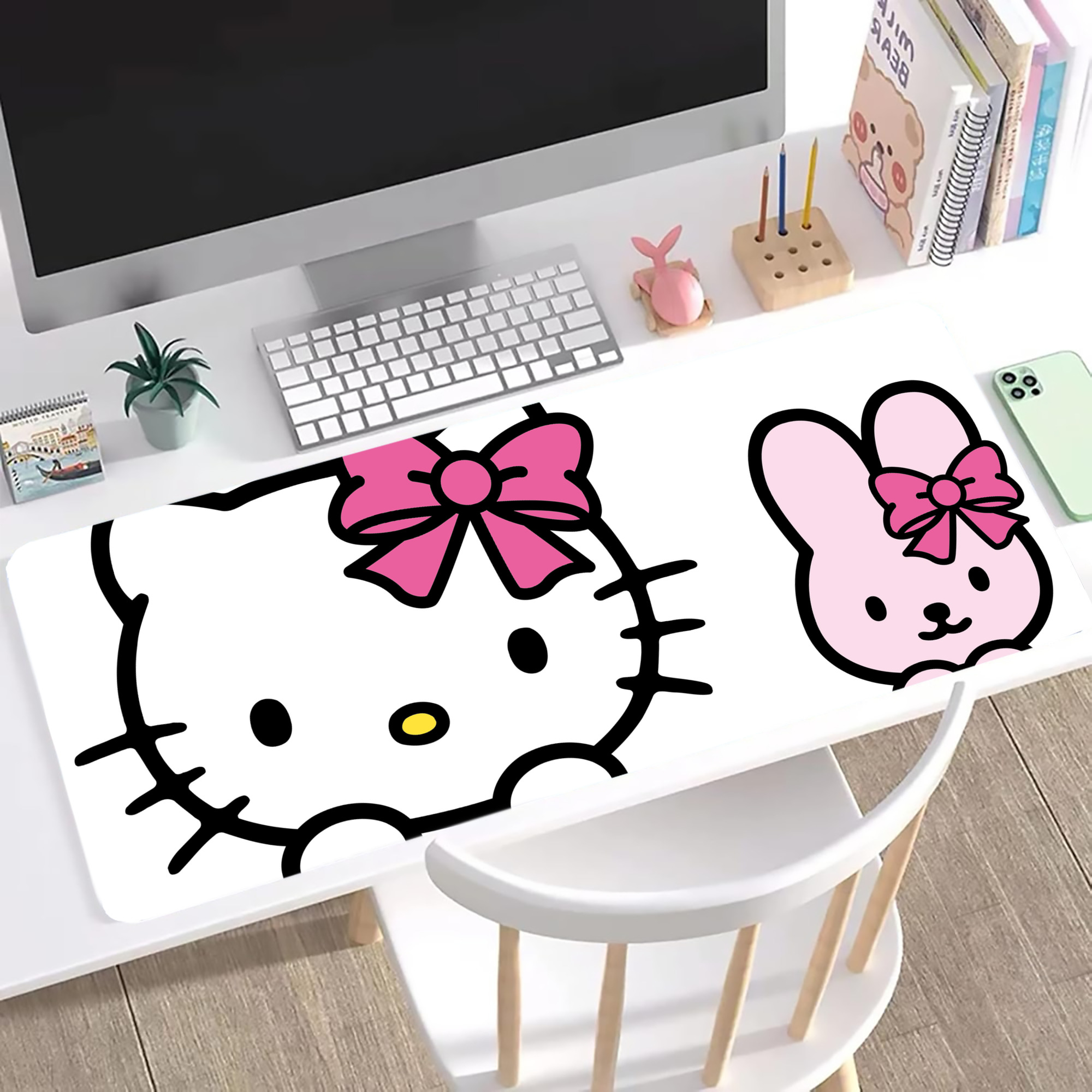 （画像用） Hello Kitty ハローキティ ステッチ加工 大判デスクマット／滑り止めマウスパッド