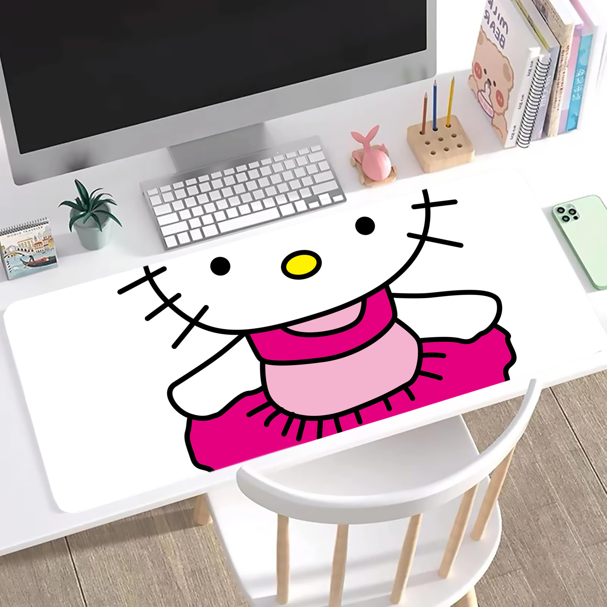 （画像用） Hello Kitty ハローキティ ステッチ加工 大判デスクマット／滑り止めマウスパッド