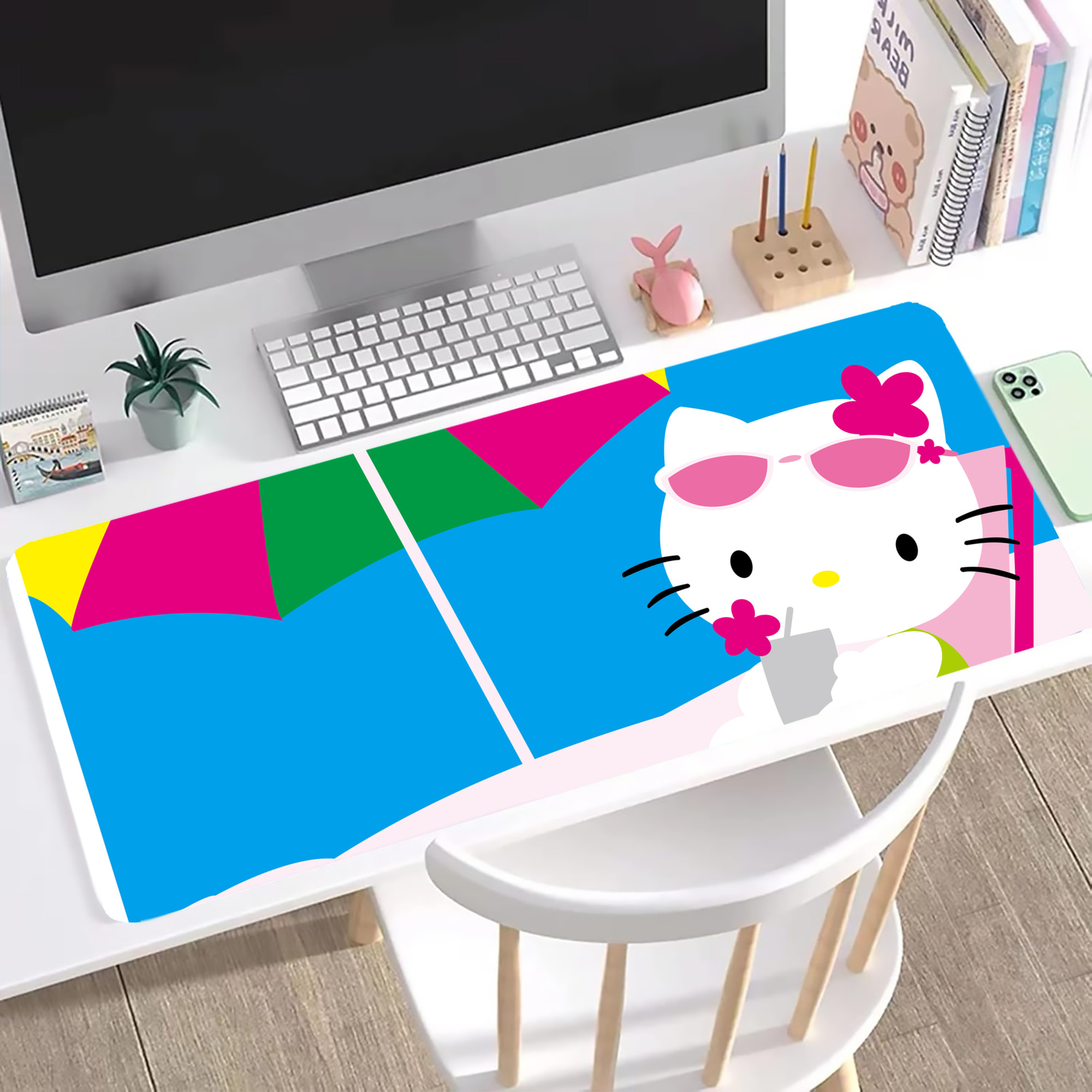 （画像用） Hello Kitty ハローキティ ステッチ加工 大判デスクマット／滑り止めマウスパッド