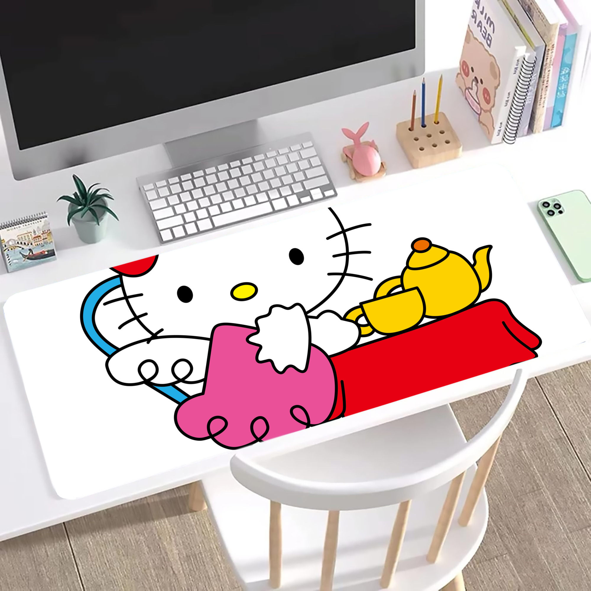 （画像用） Hello Kitty ハローキティ ステッチ加工 大判デスクマット／滑り止めマウスパッド