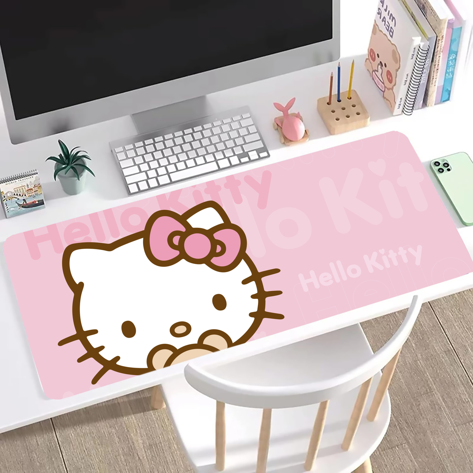 （画像用） Hello Kitty ハローキティ ステッチ加工 大判デスクマット／滑り止めマウスパッド