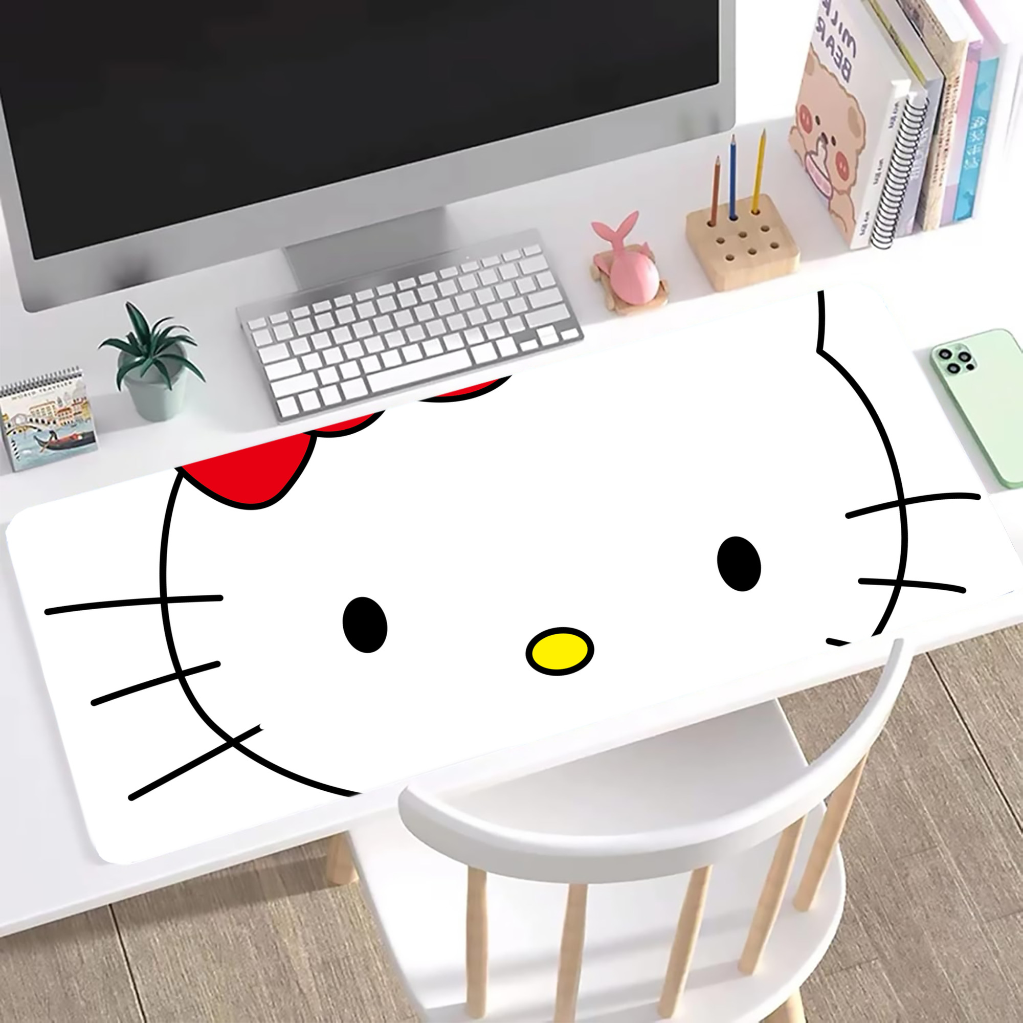 （画像用） Hello Kitty ハローキティ ステッチ加工 大判デスクマット／滑り止めマウスパッド