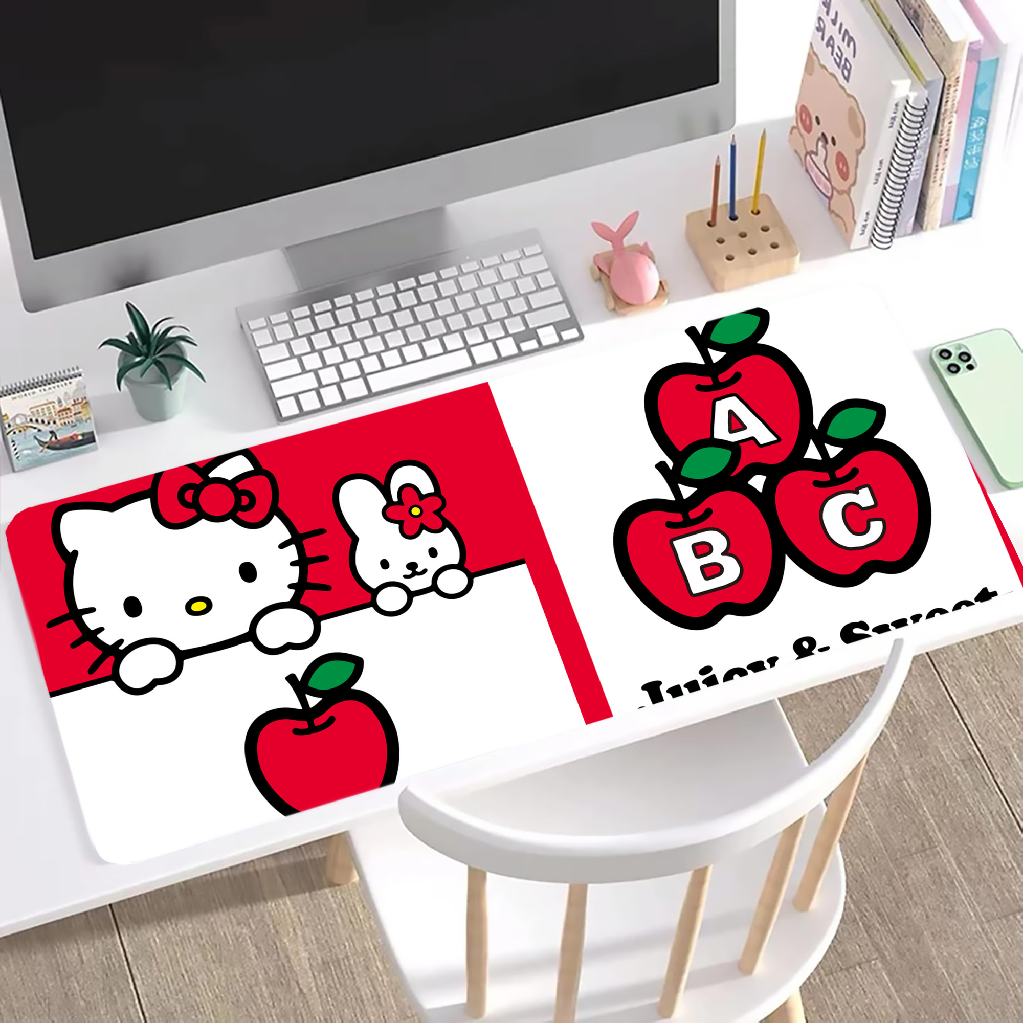 （画像用） Hello Kitty ハローキティ ステッチ加工 大判デスクマット／滑り止めマウスパッド
