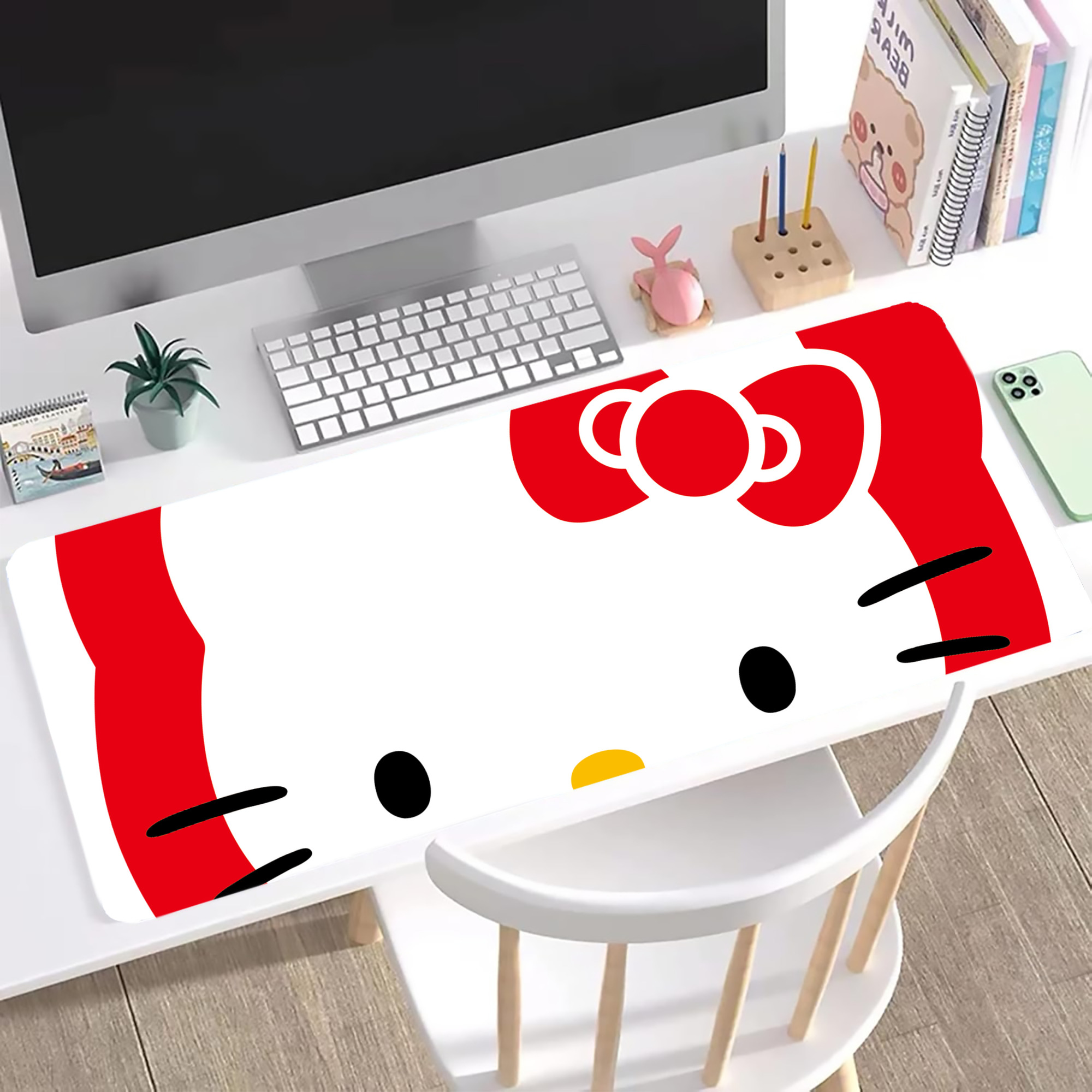 （画像用） Hello Kitty ハローキティ ステッチ加工 大判デスクマット／滑り止めマウスパッド