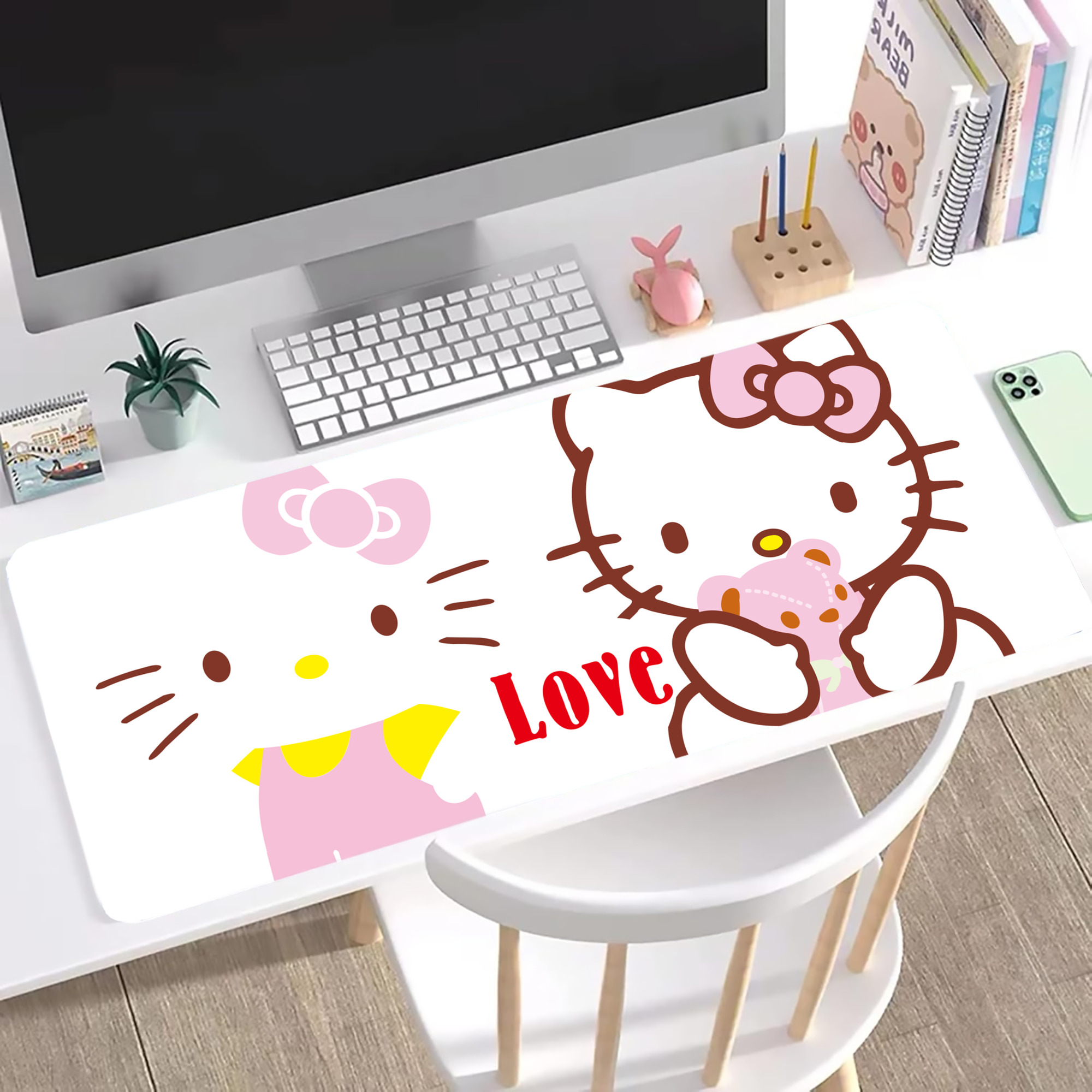 （画像用） Hello Kitty ハローキティ ステッチ加工 大判デスクマット／滑り止めマウスパッド