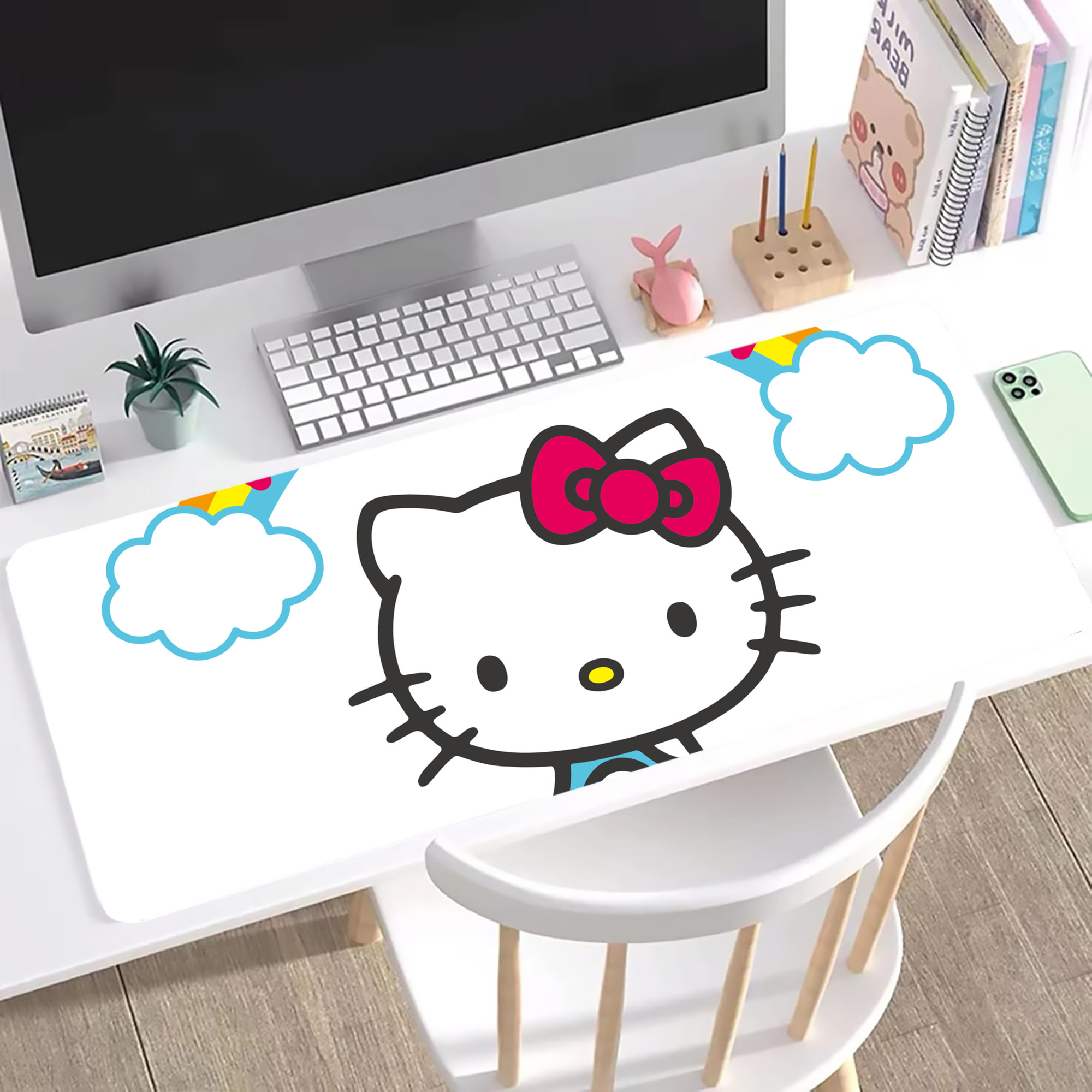 （画像用） Hello Kitty ハローキティ ステッチ加工 大判デスクマット／滑り止めマウスパッド