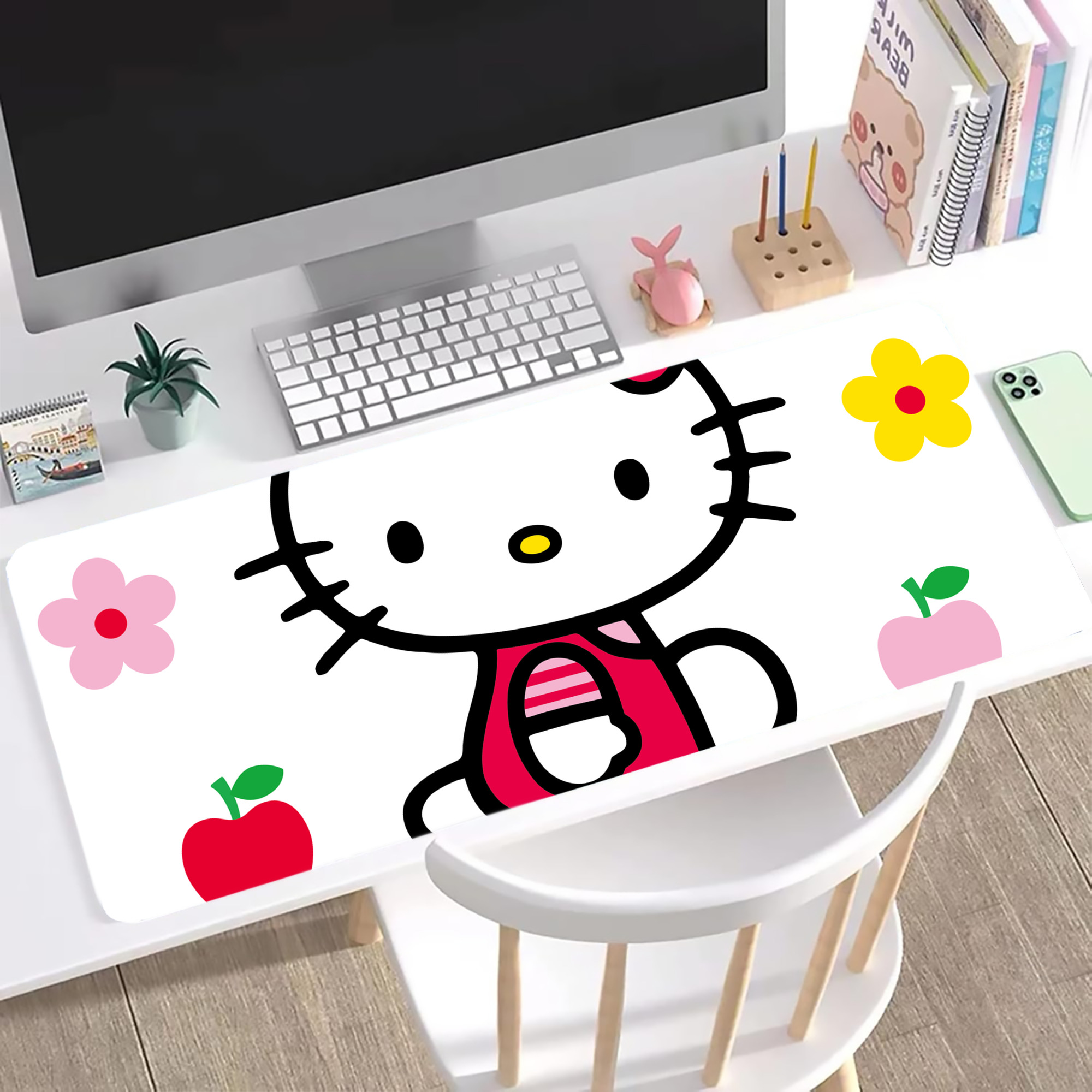（画像用） Hello Kitty ハローキティ ステッチ加工 大判デスクマット／滑り止めマウスパッド