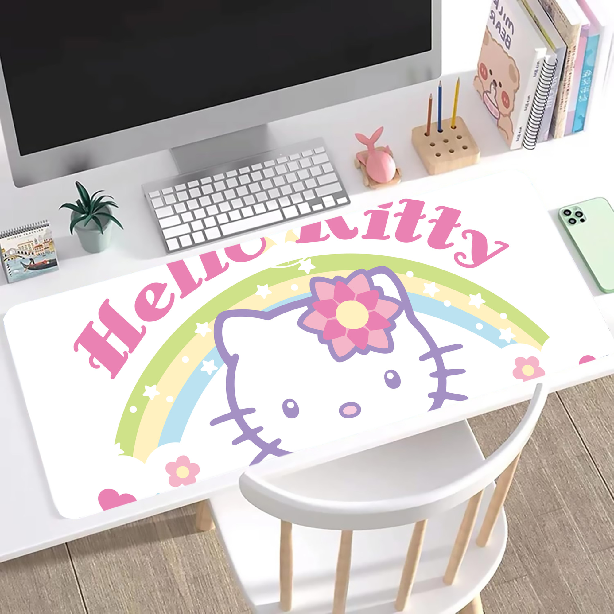 （画像用） Hello Kitty ハローキティ ステッチ加工 大判デスクマット／滑り止めマウスパッド