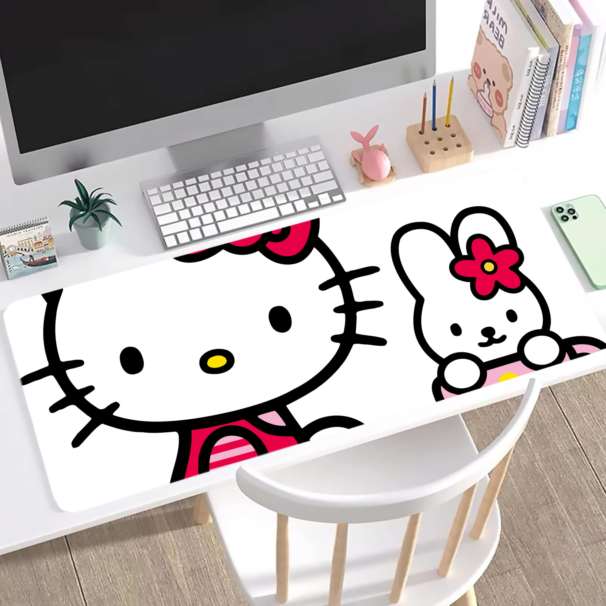 （画像用） Hello Kitty ハローキティ ステッチ加工 大判デスクマット／滑り止めマウスパッド