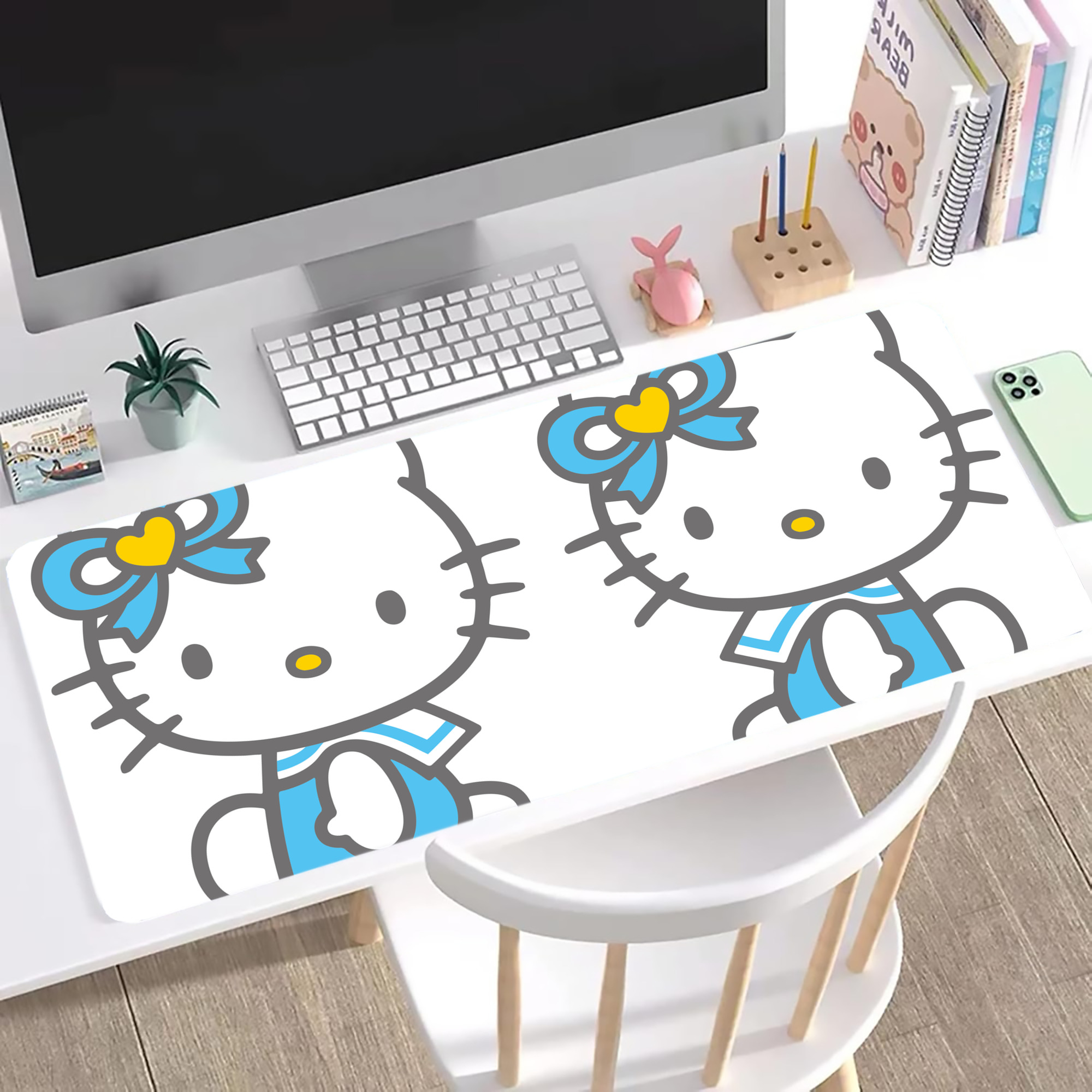 （画像用） Hello Kitty ハローキティ ステッチ加工 大判デスクマット／滑り止めマウスパッド