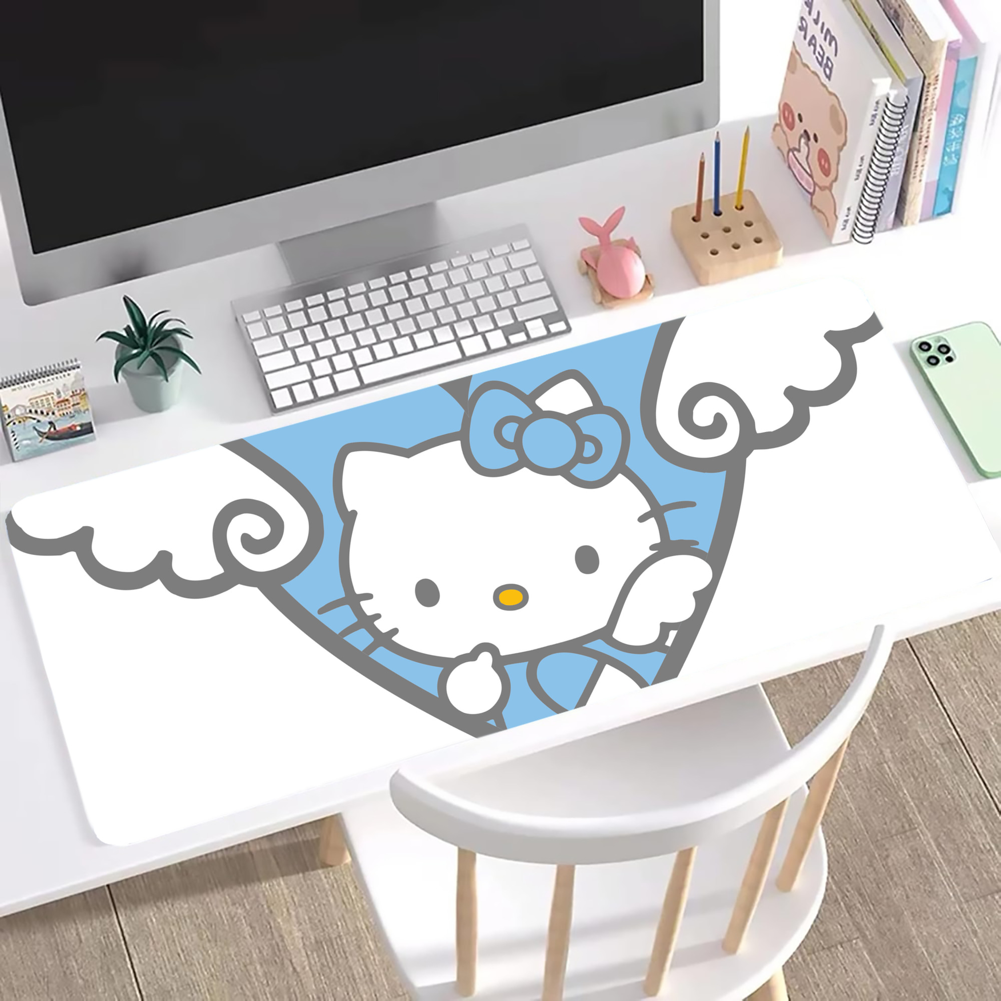 （画像用） Hello Kitty ハローキティ ステッチ加工 大判デスクマット／滑り止めマウスパッド