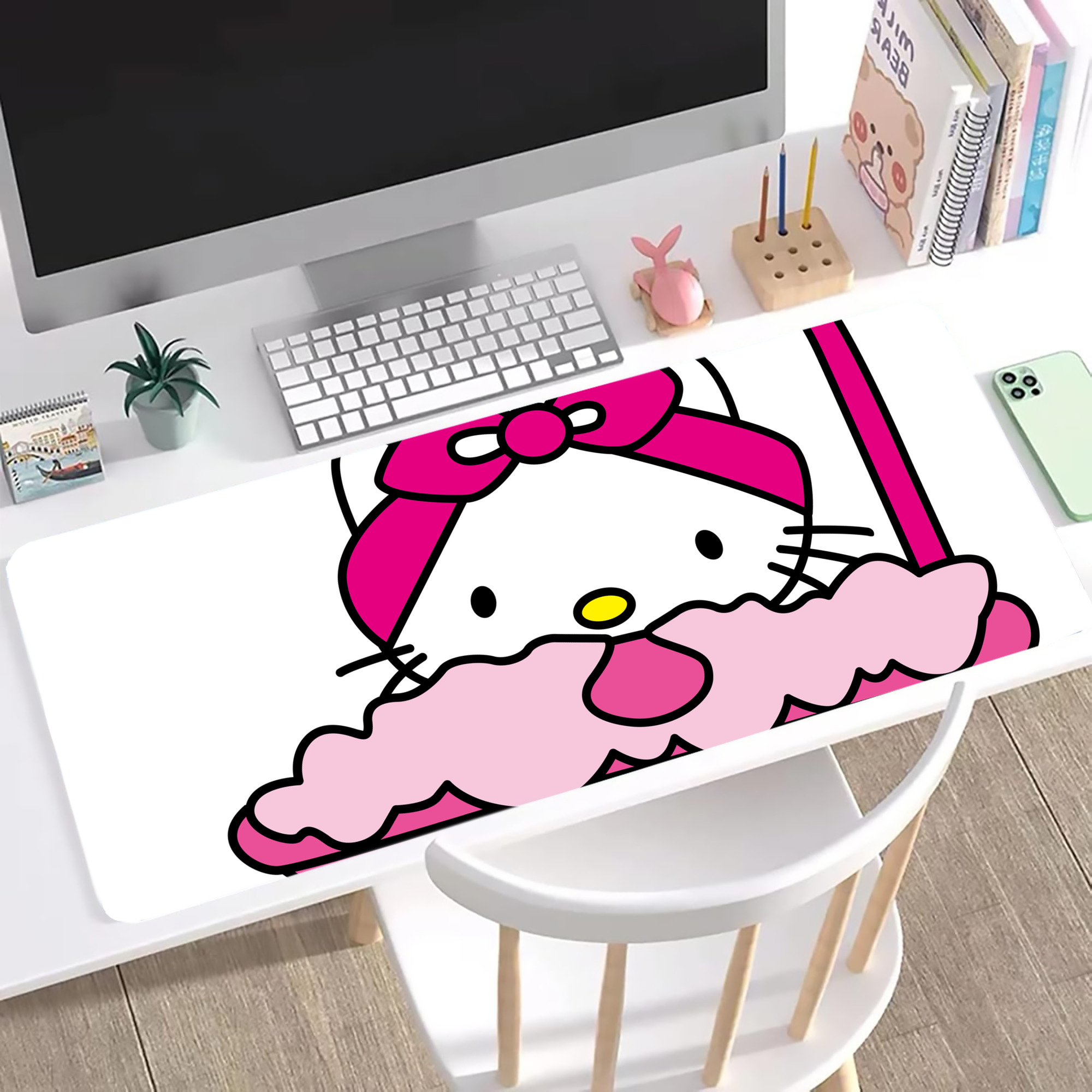 （画像用） Hello Kitty ハローキティ ステッチ加工 大判デスクマット／滑り止めマウスパッド