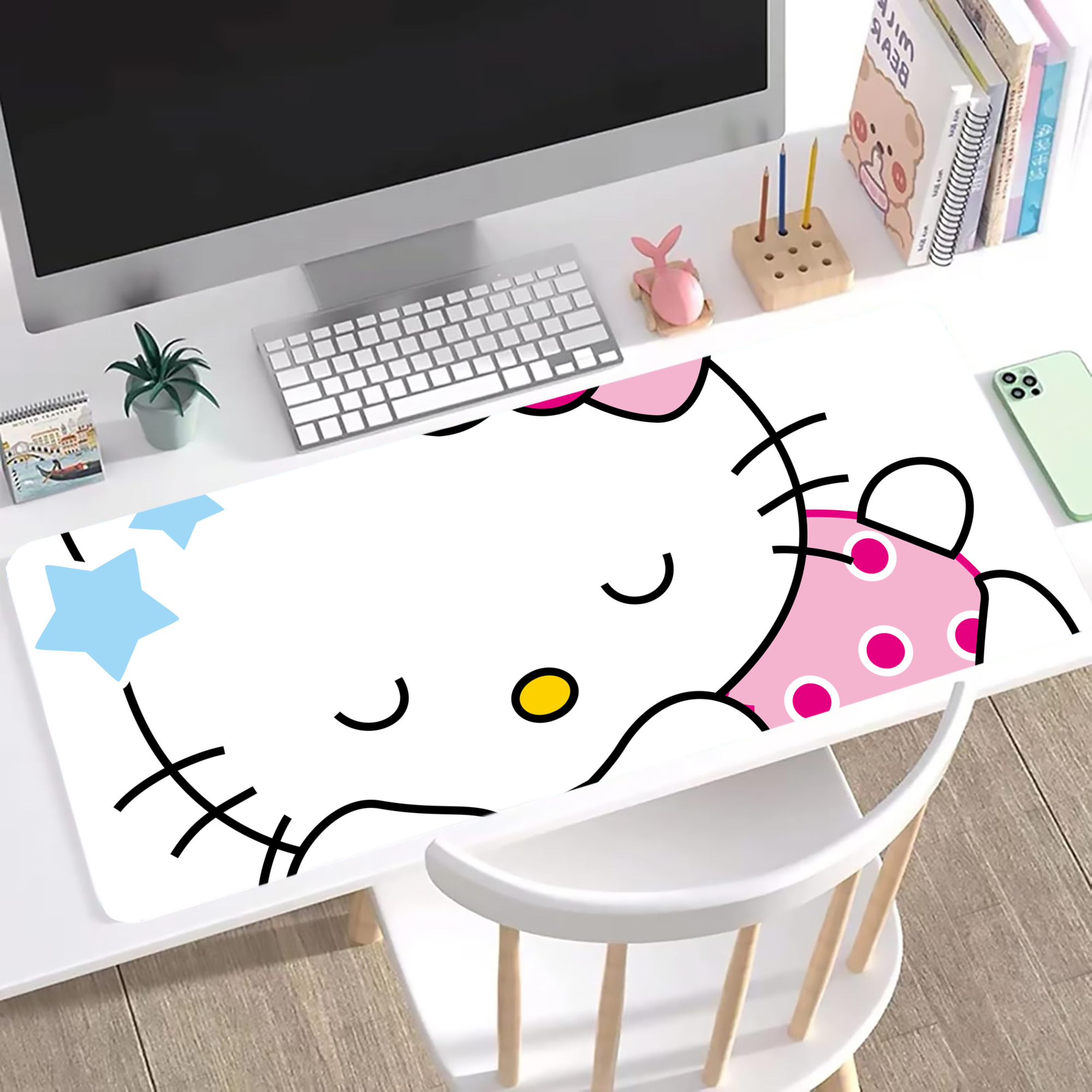 （画像用） Hello Kitty ハローキティ ステッチ加工 大判デスクマット／滑り止めマウスパッド