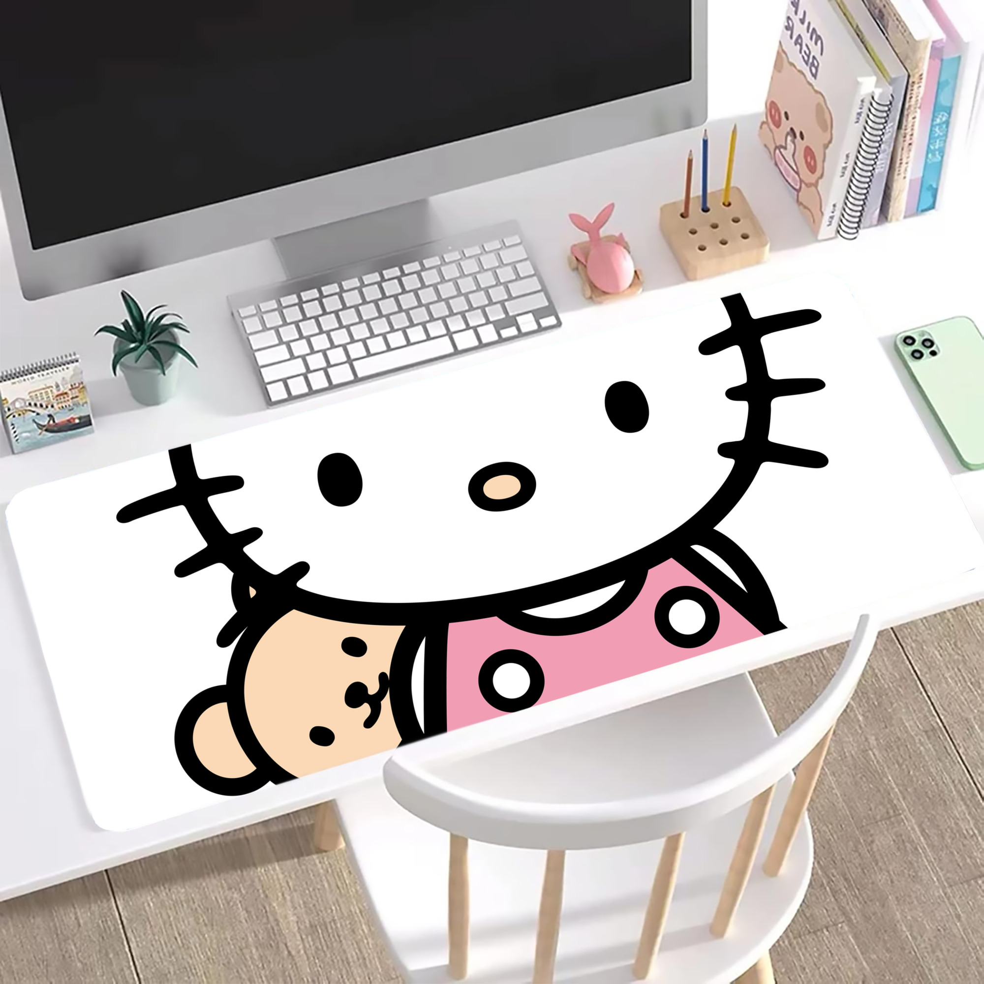 （画像用） Hello Kitty ハローキティ ステッチ加工 大判デスクマット／滑り止めマウスパッド
