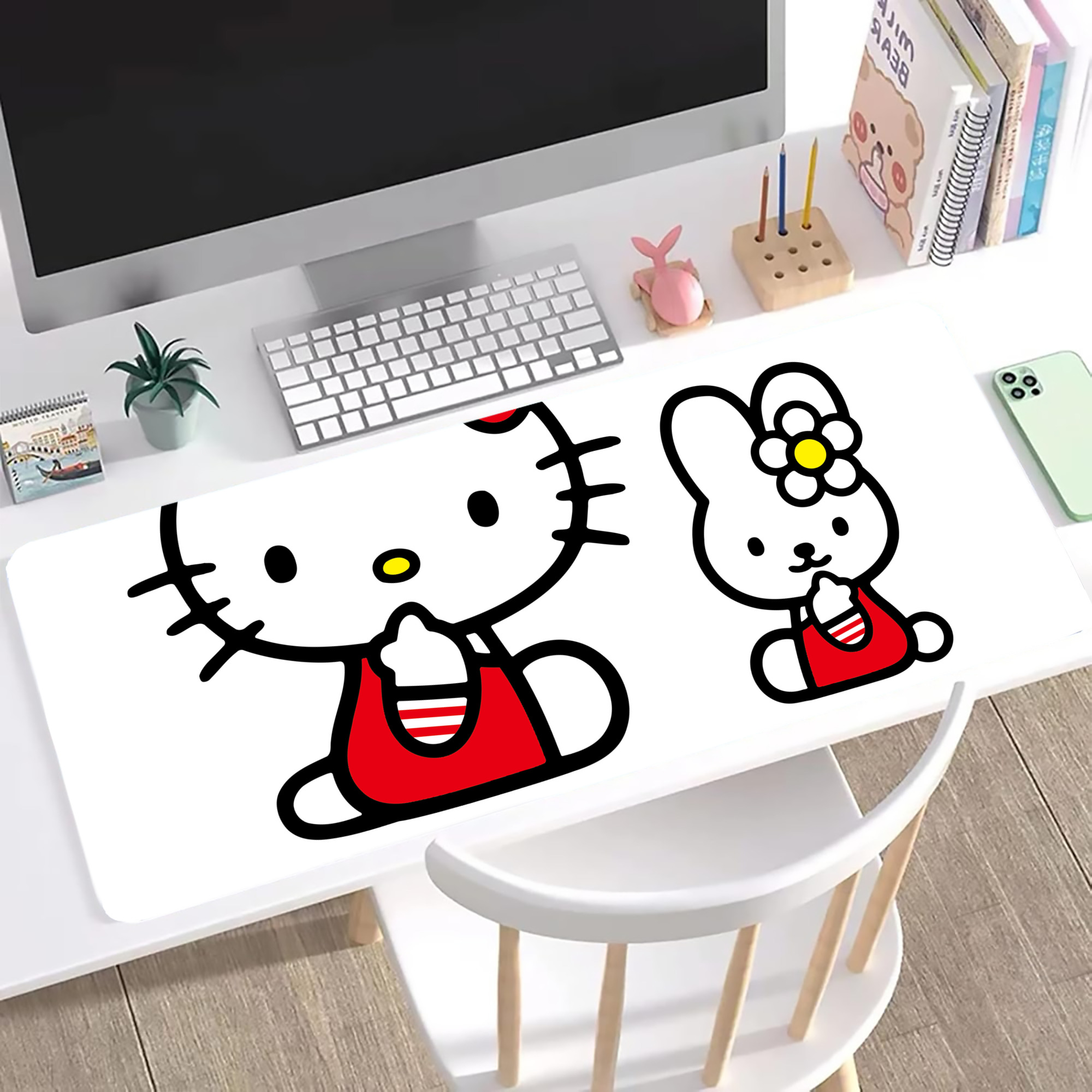 （画像用） Hello Kitty ハローキティ ステッチ加工 大判デスクマット／滑り止めマウスパッド