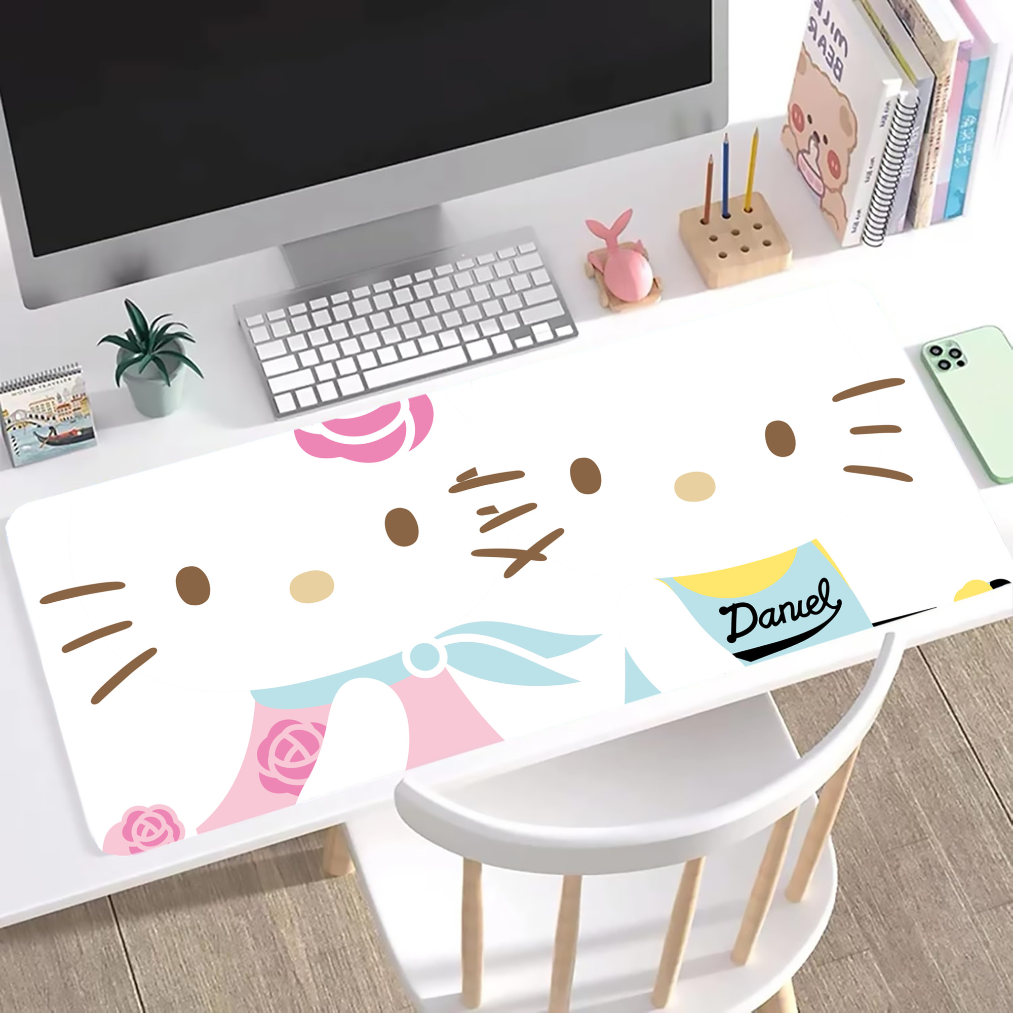 （画像用） Hello Kitty ハローキティ ステッチ加工 大判デスクマット／滑り止めマウスパッド