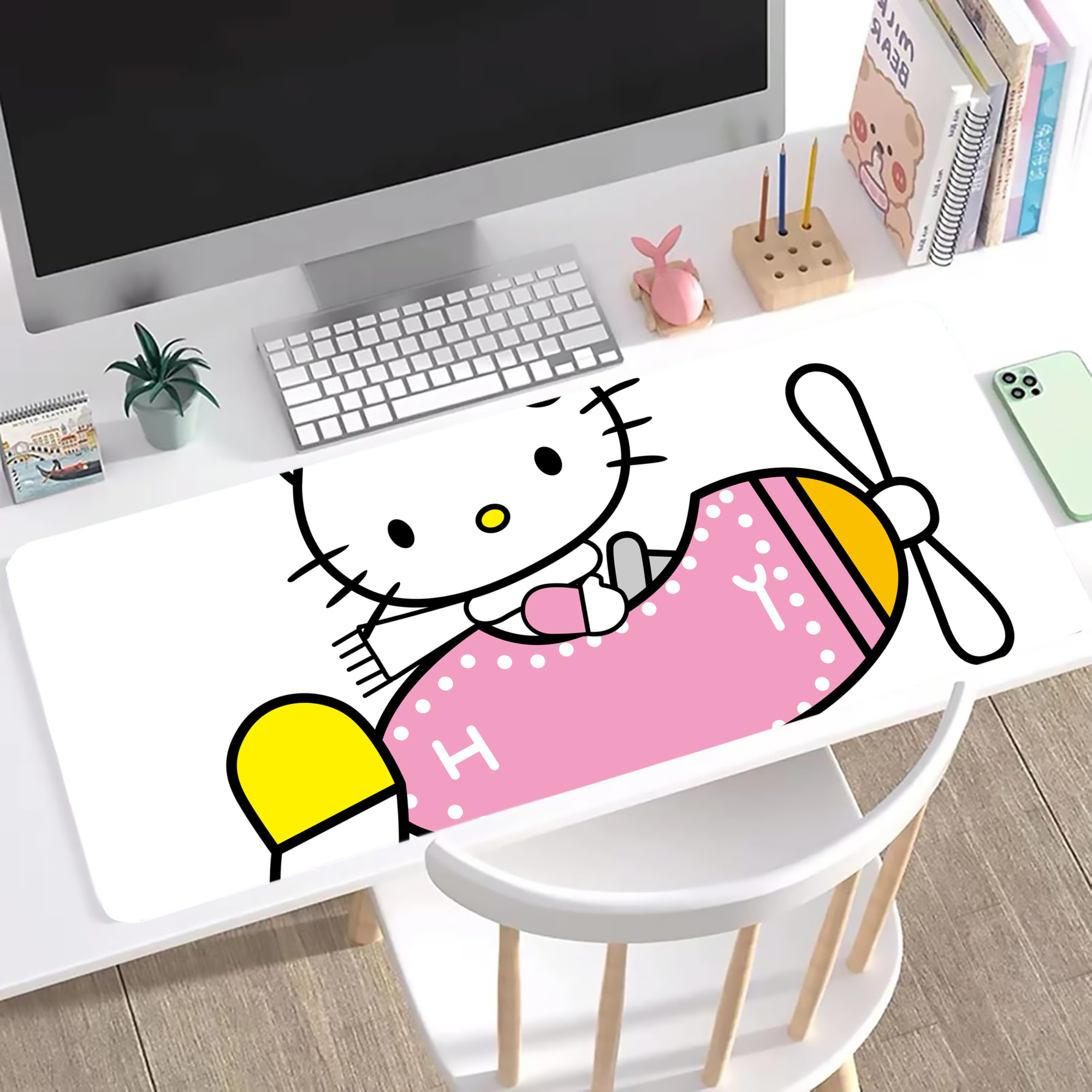（画像用） Hello Kitty ハローキティ ステッチ加工 大判デスクマット／滑り止めマウスパッド