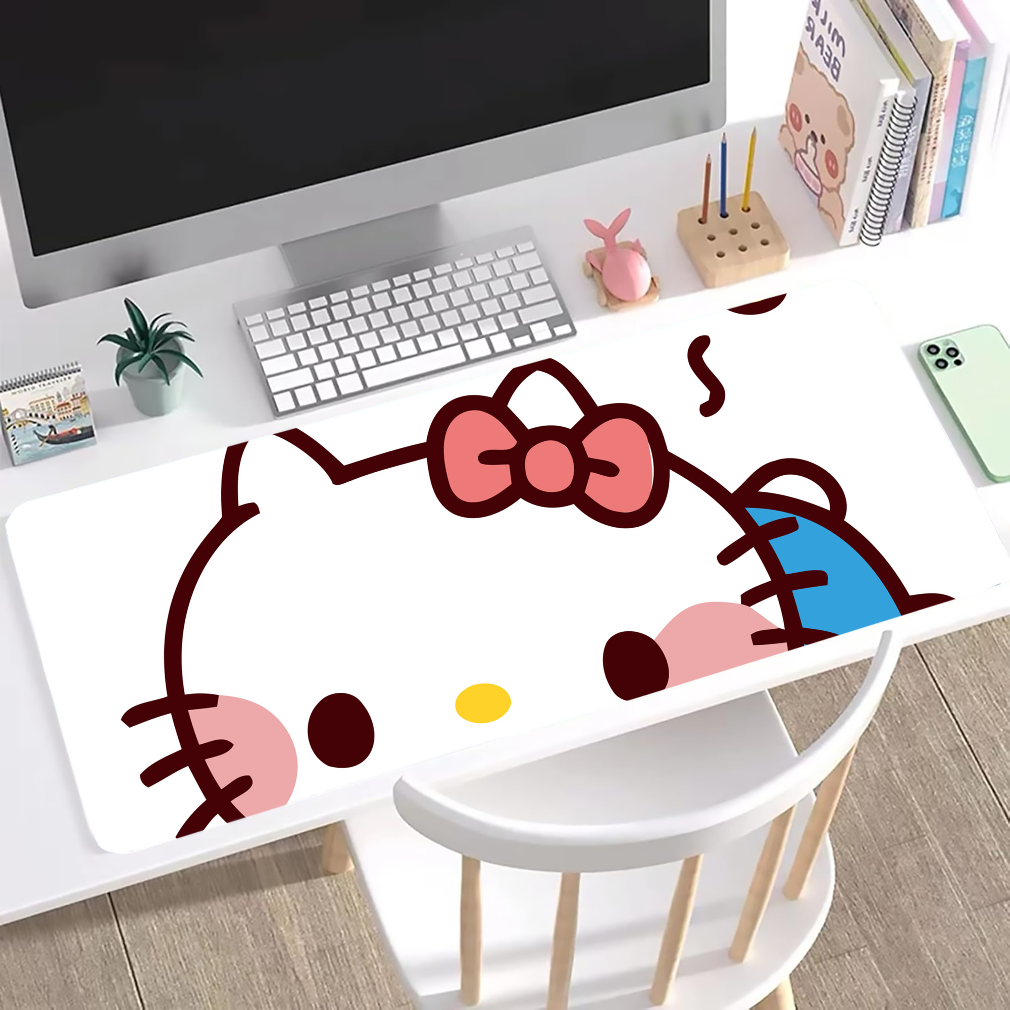 （画像用） Hello Kitty ハローキティ ステッチ加工 大判デスクマット／滑り止めマウスパッド