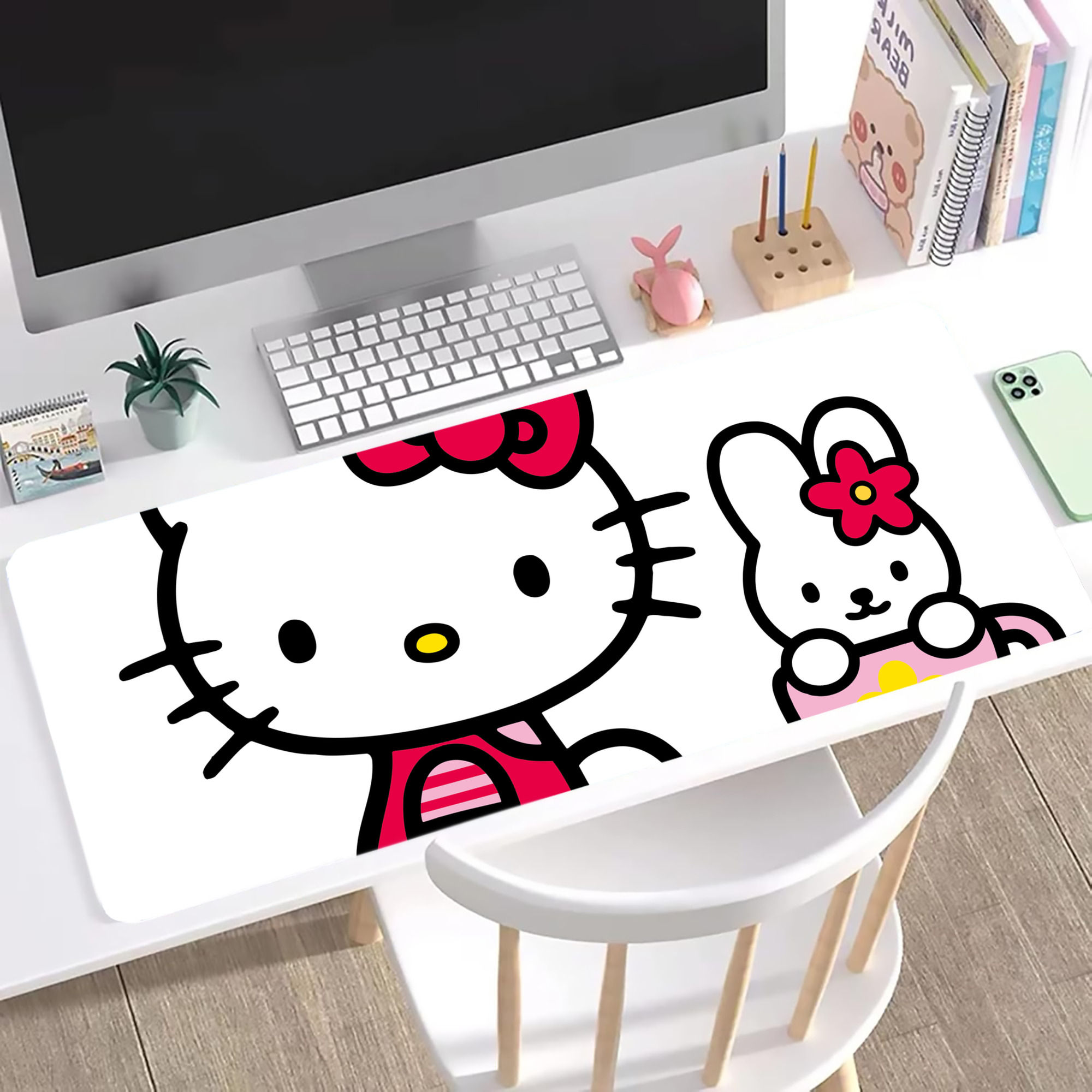（画像用） Hello Kitty ハローキティ ステッチ加工 大判デスクマット／滑り止めマウスパッド