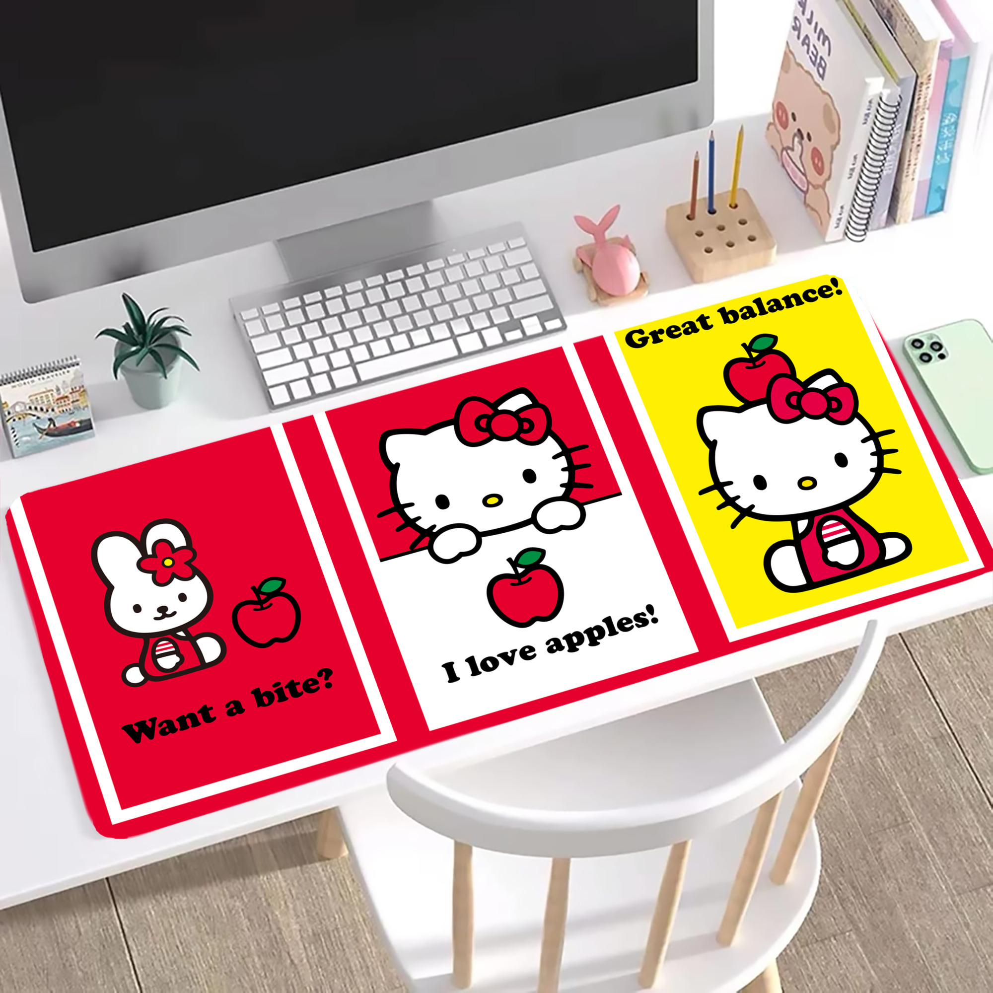 （画像用） Hello Kitty ハローキティ ステッチ加工 大判デスクマット／滑り止めマウスパッド