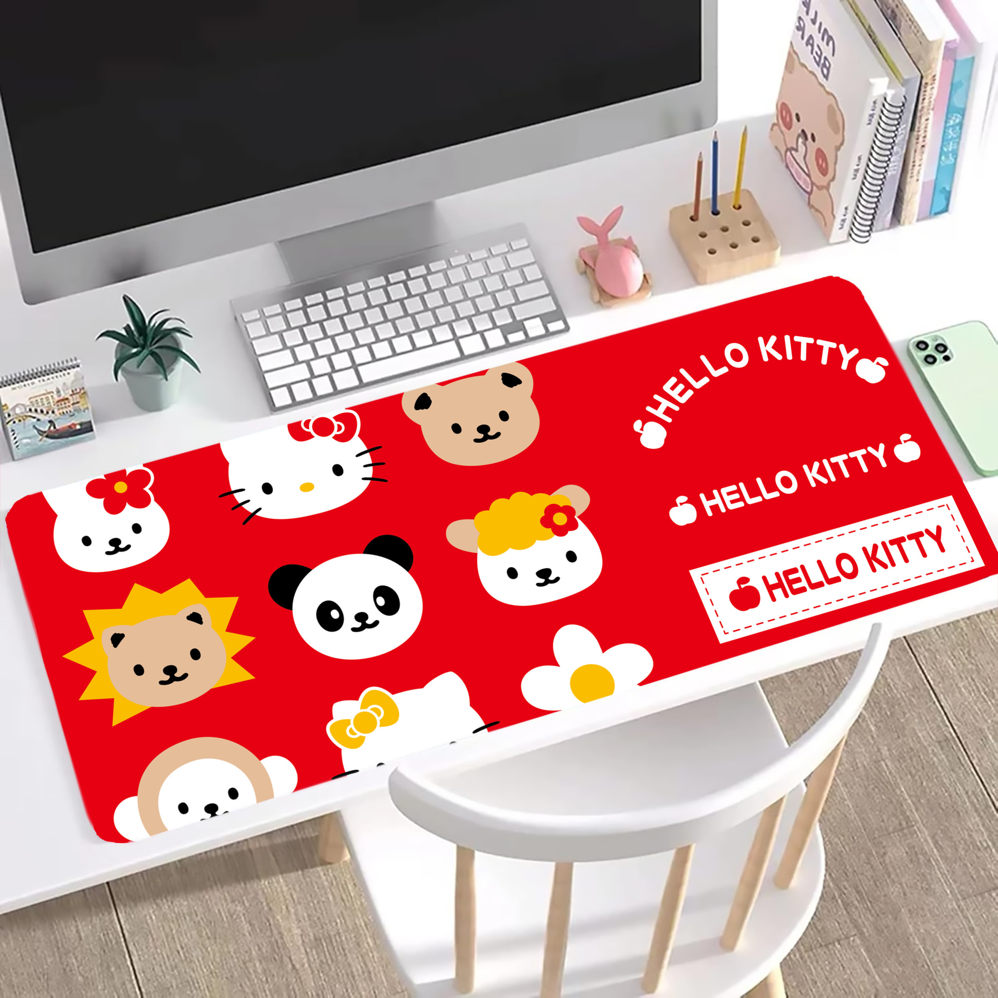 （画像用） Hello Kitty ハローキティ ステッチ加工 大判デスクマット／滑り止めマウスパッド
