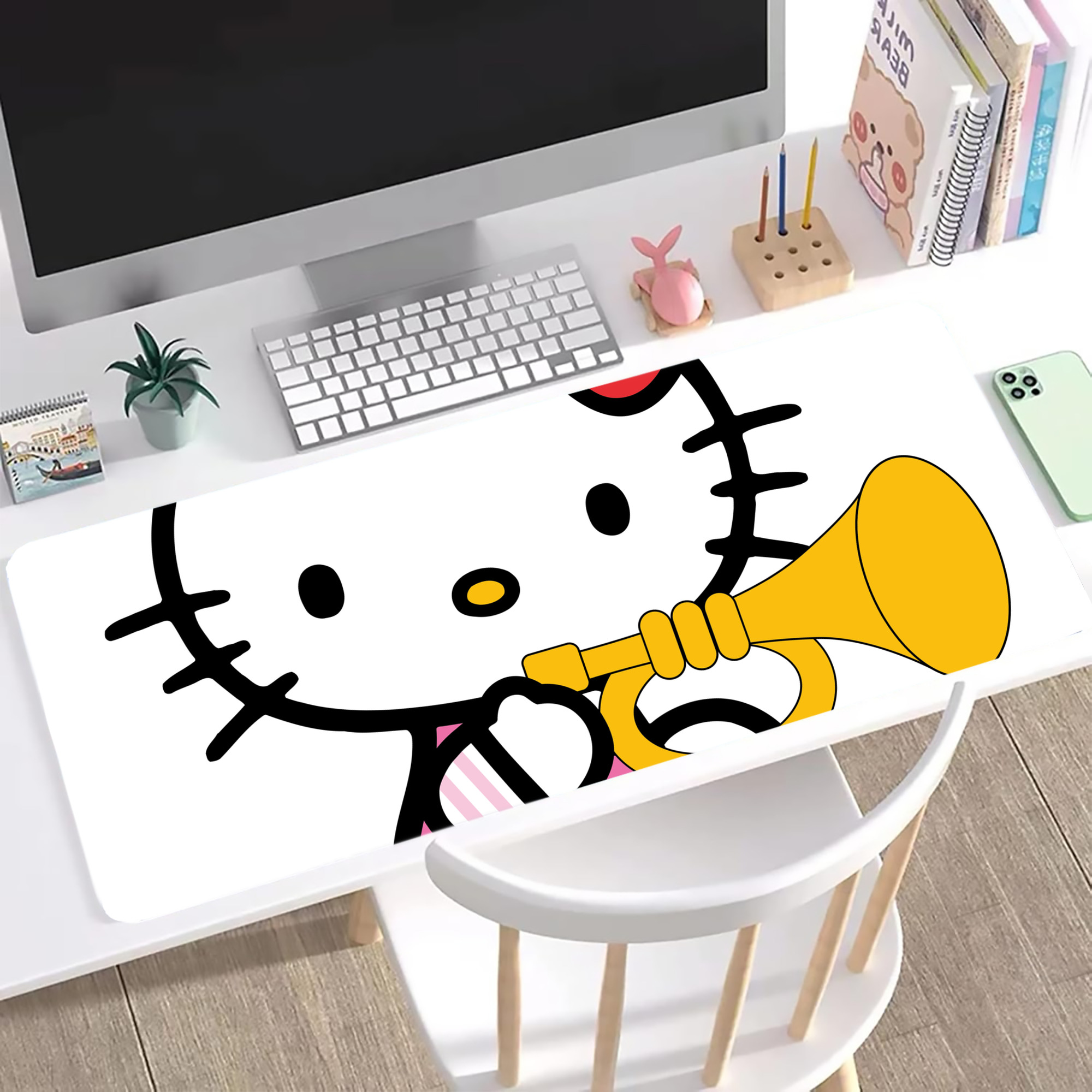 （画像用） Hello Kitty ハローキティ ステッチ加工 大判デスクマット／滑り止めマウスパッド