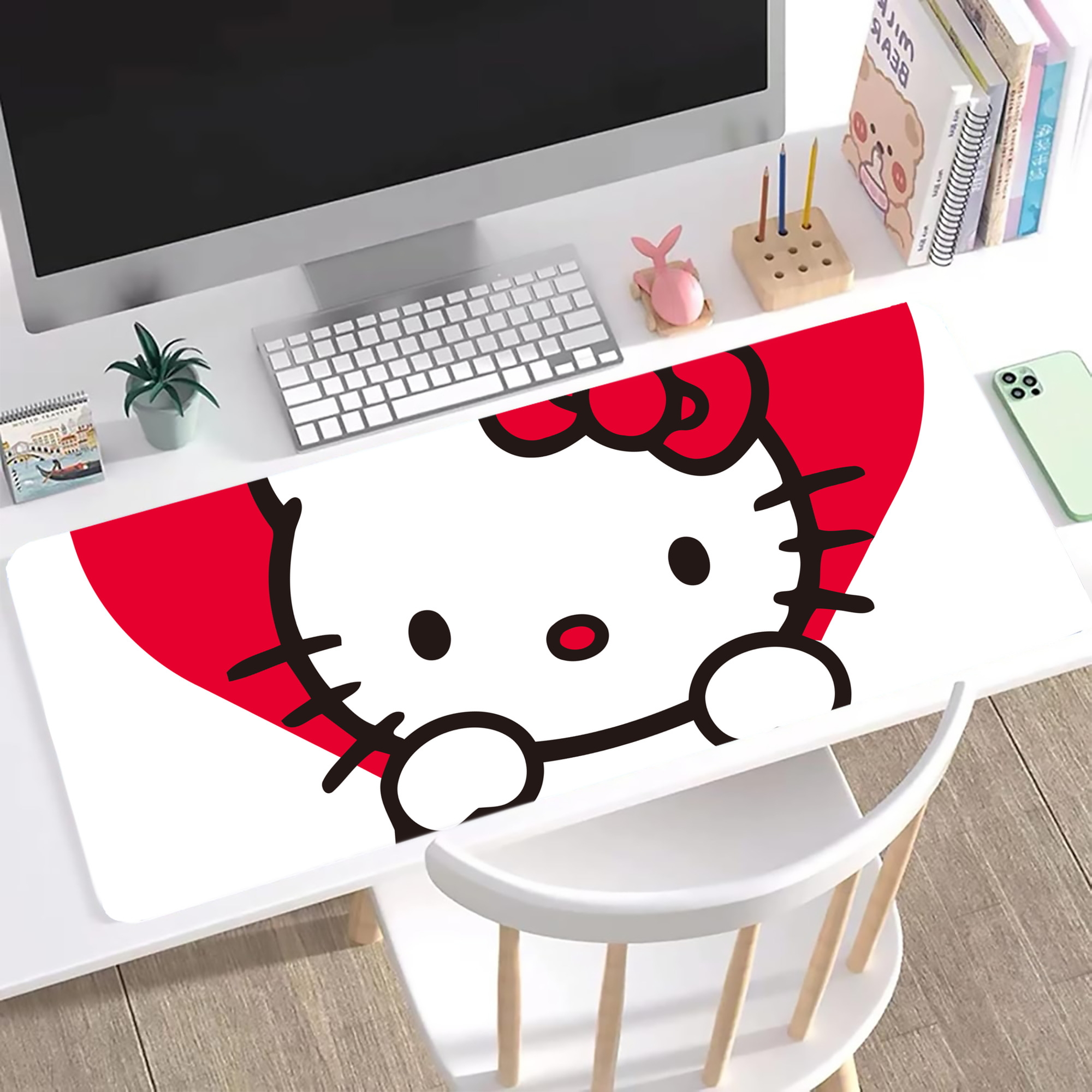 （画像用） Hello Kitty ハローキティ ステッチ加工 大判デスクマット／滑り止めマウスパッド
