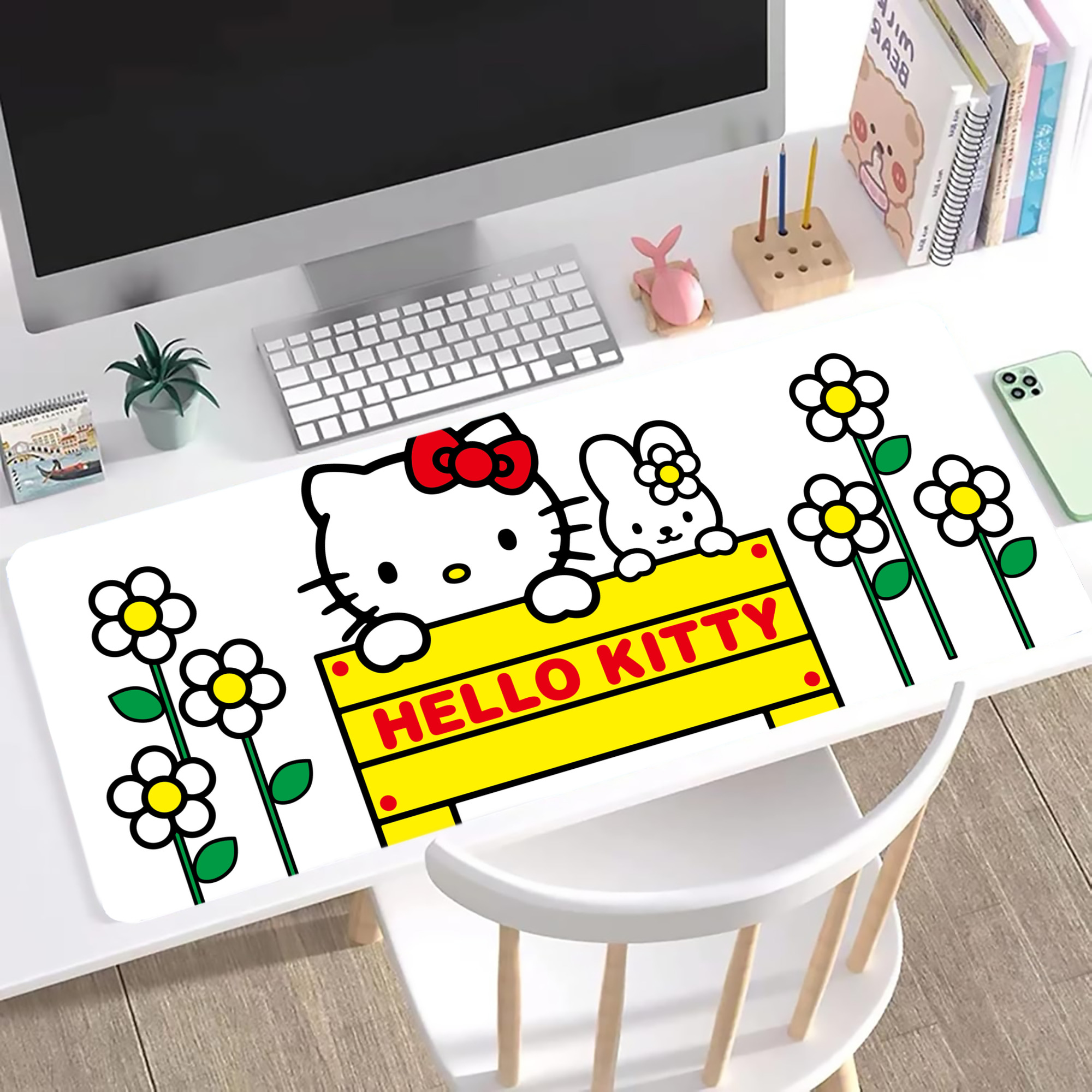 （画像用） Hello Kitty ハローキティ ステッチ加工 大判デスクマット／滑り止めマウスパッド