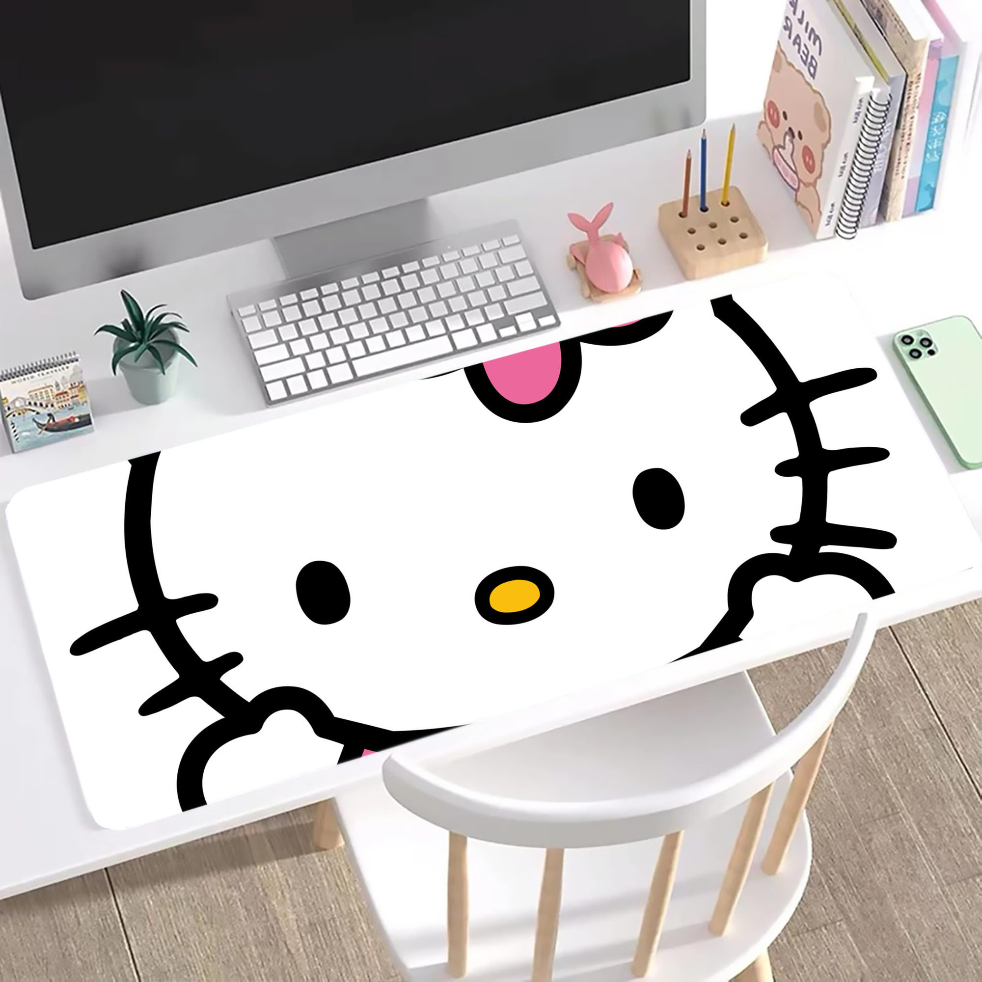 （画像用） Hello Kitty ハローキティ ステッチ加工 大判デスクマット／滑り止めマウスパッド