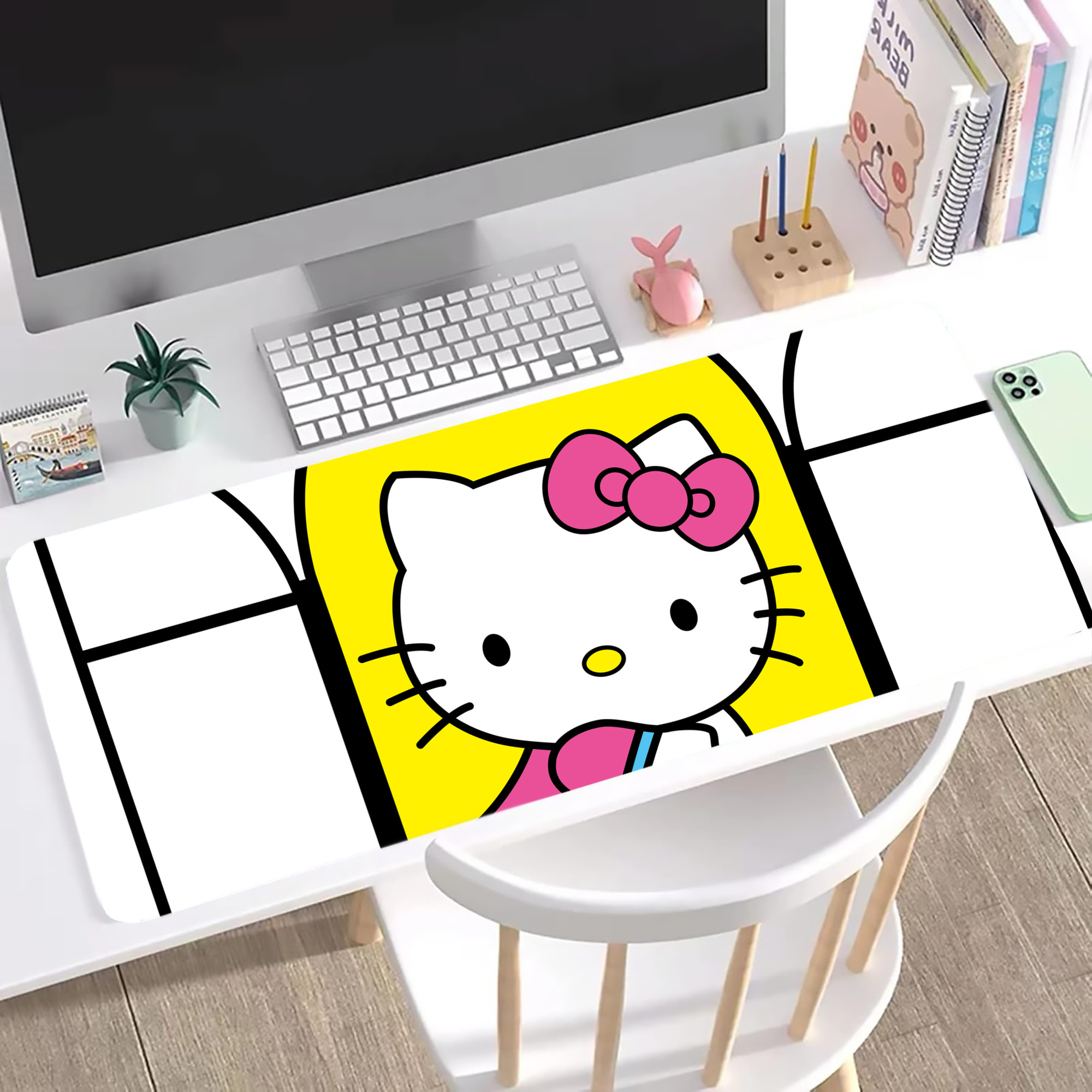 （画像用） Hello Kitty ハローキティ ステッチ加工 大判デスクマット／滑り止めマウスパッド