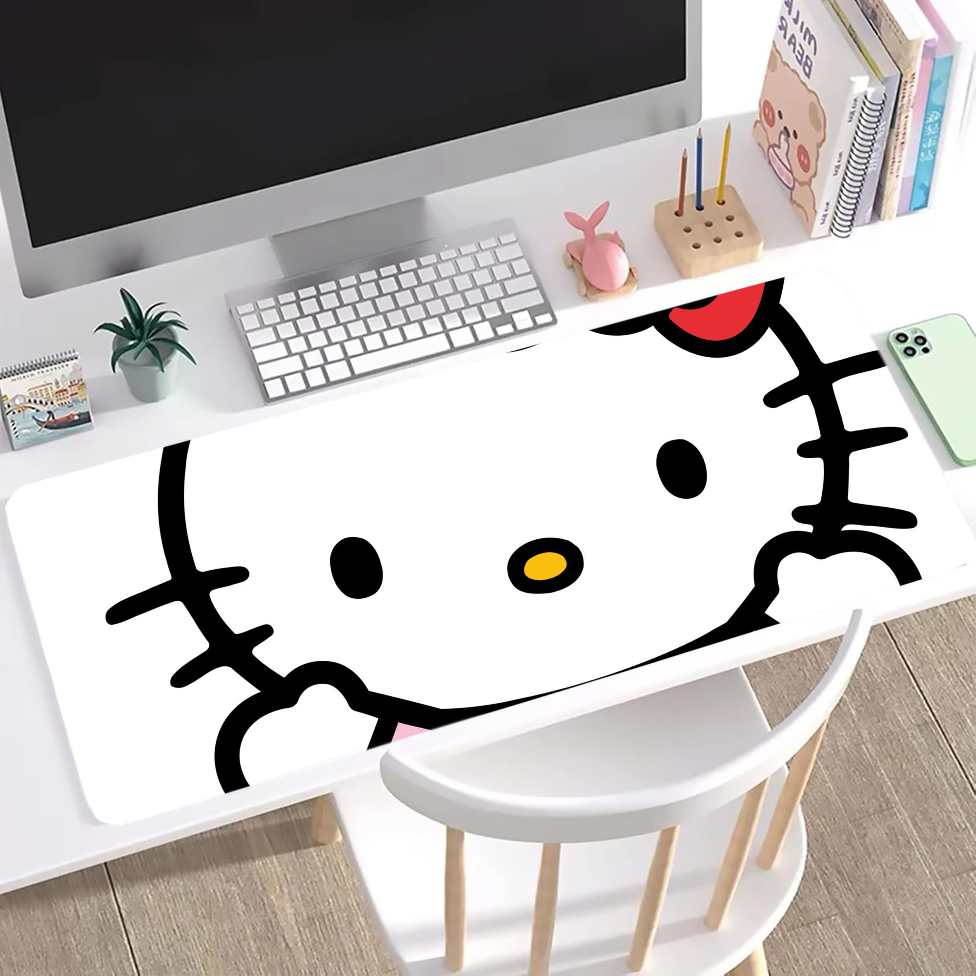 （画像用） Hello Kitty ハローキティ ステッチ加工 大判デスクマット／滑り止めマウスパッド