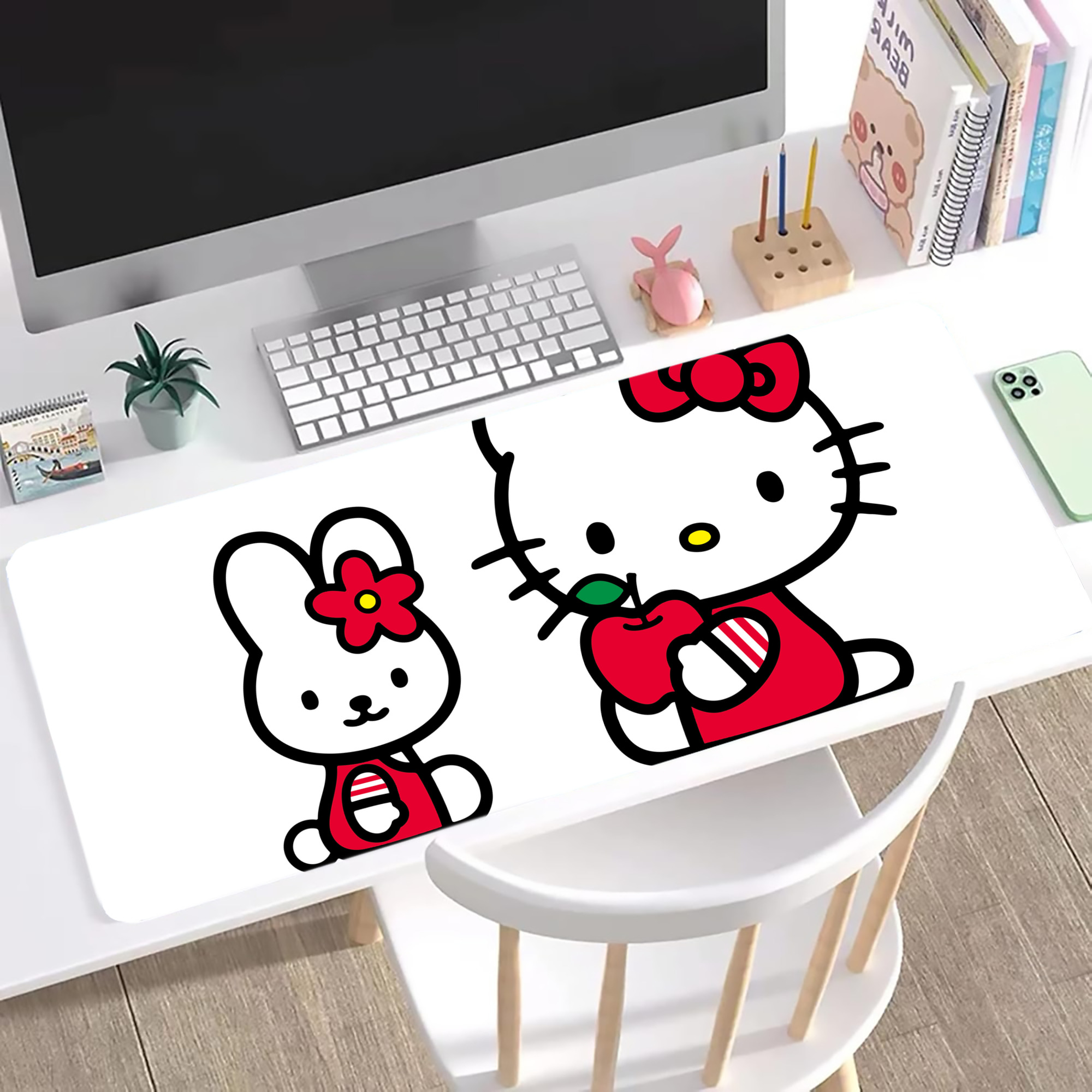 （画像用） Hello Kitty ハローキティ ステッチ加工 大判デスクマット／滑り止めマウスパッド