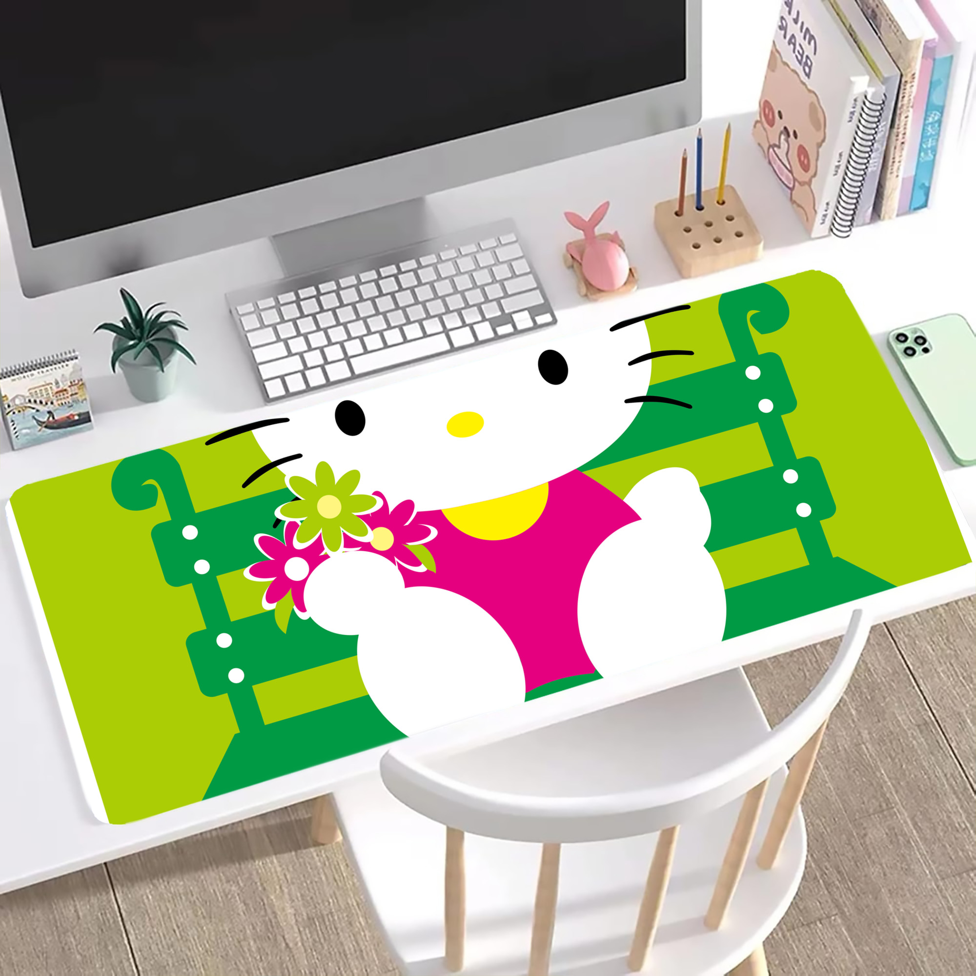 （画像用） Hello Kitty ハローキティ ステッチ加工 大判デスクマット／滑り止めマウスパッド