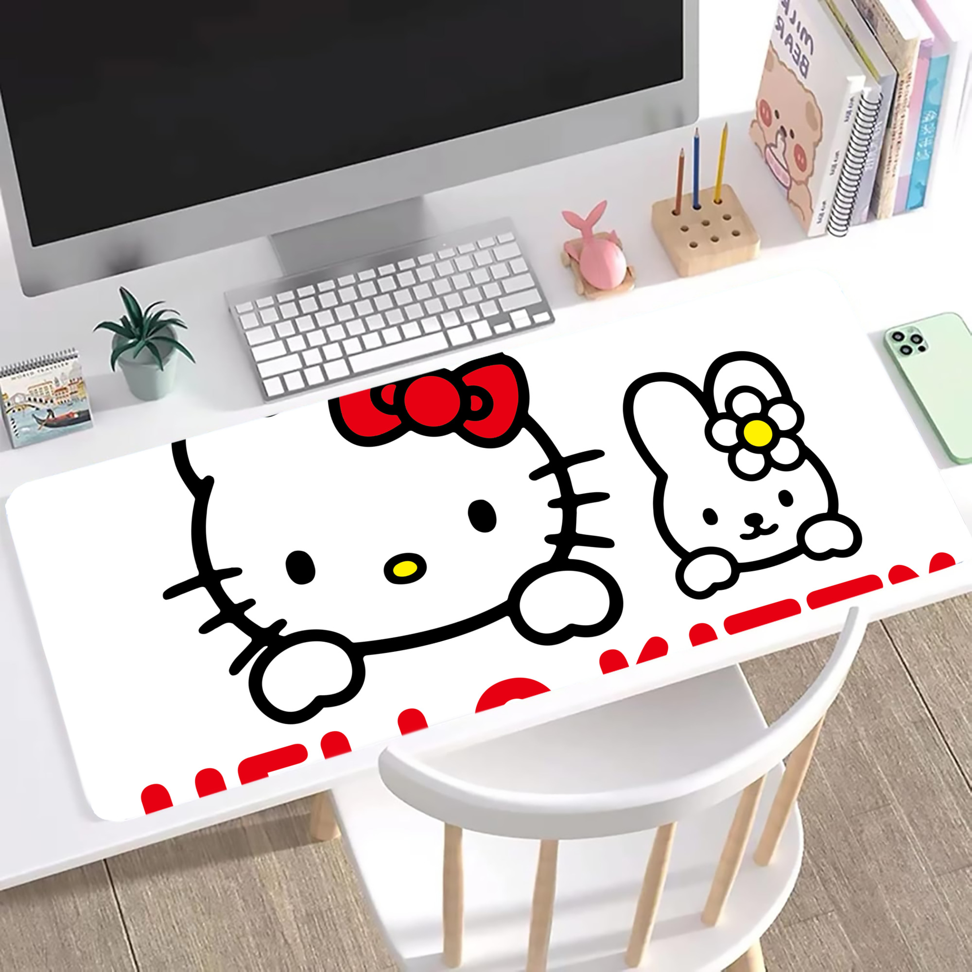 （画像用） Hello Kitty ハローキティ ステッチ加工 大判デスクマット／滑り止めマウスパッド