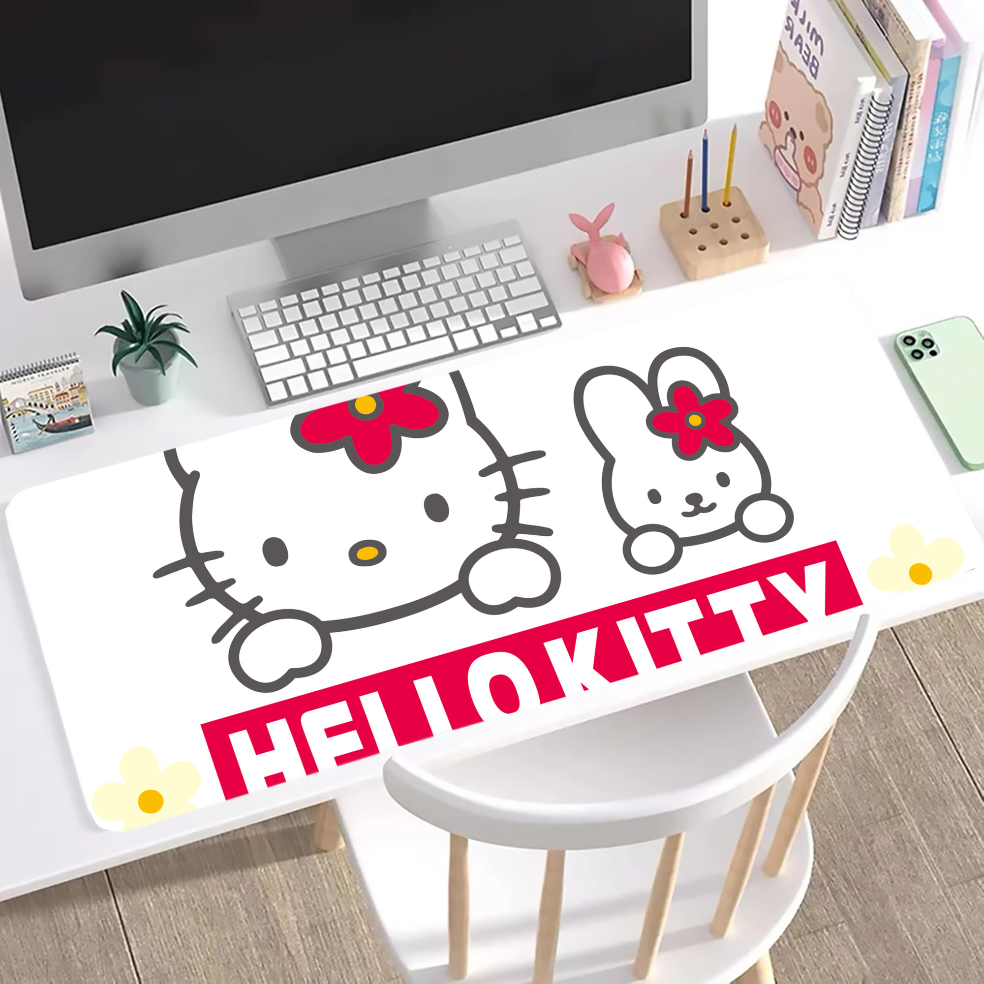 （画像用） Hello Kitty ハローキティ ステッチ加工 大判デスクマット／滑り止めマウスパッド