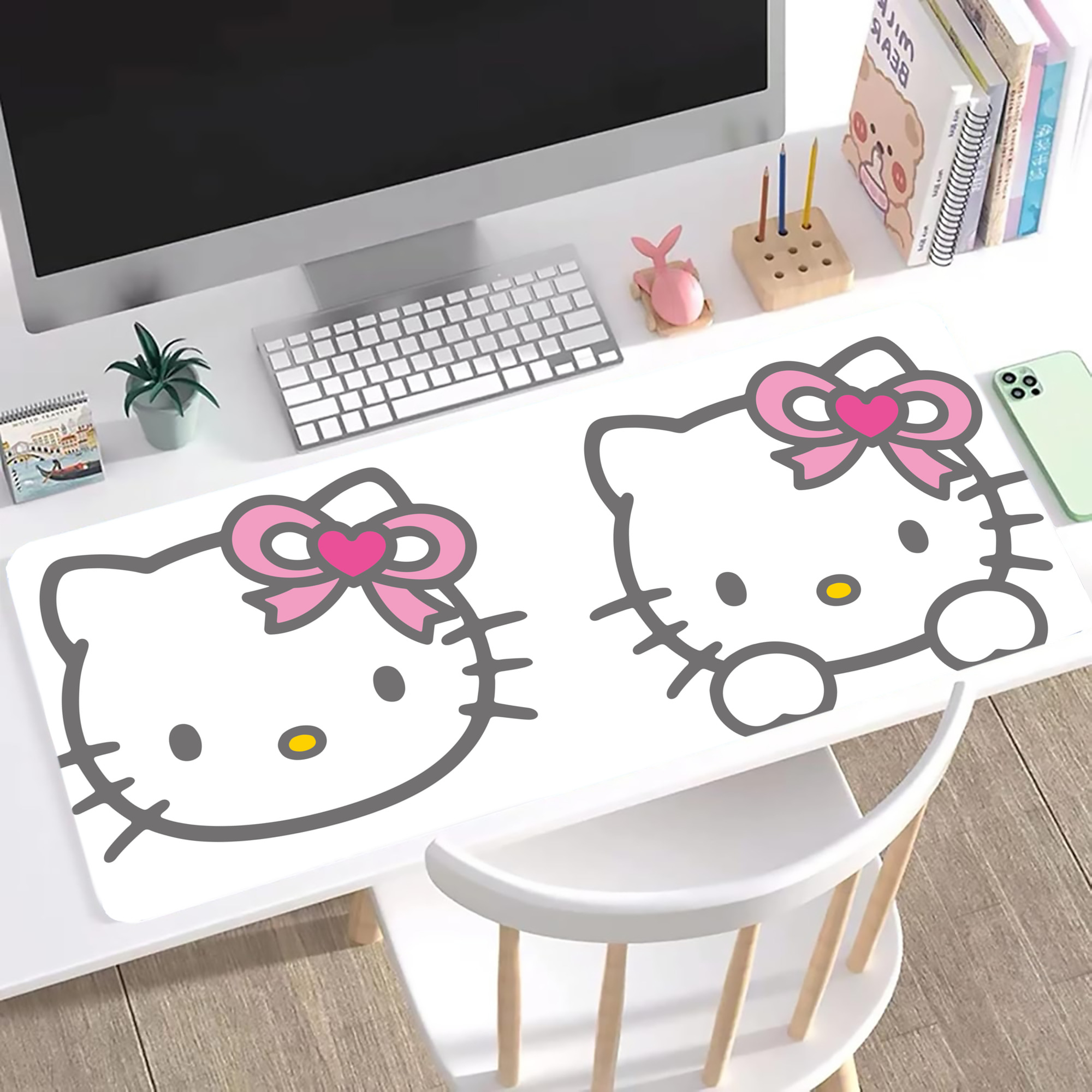 （画像用） Hello Kitty ハローキティ ステッチ加工 大判デスクマット／滑り止めマウスパッド