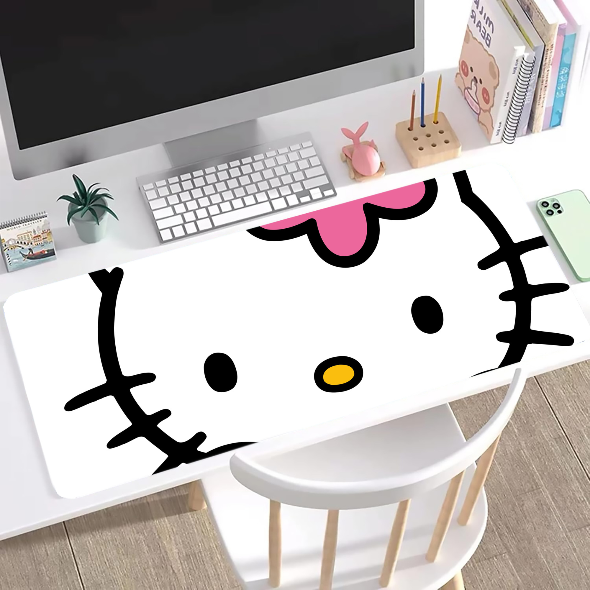 （画像用） Hello Kitty ハローキティ ステッチ加工 大判デスクマット／滑り止めマウスパッド