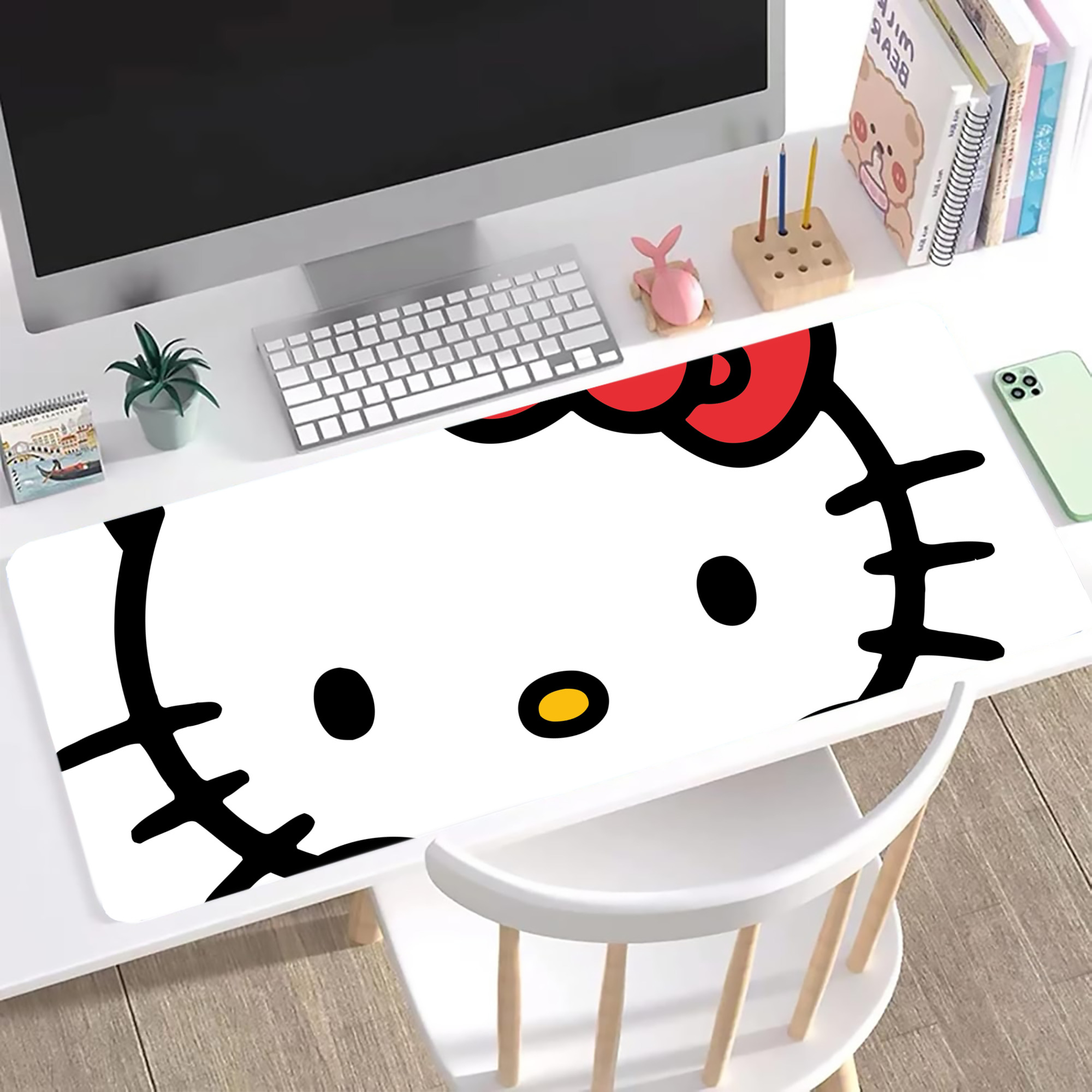 （画像用） Hello Kitty ハローキティ ステッチ加工 大判デスクマット／滑り止めマウスパッド