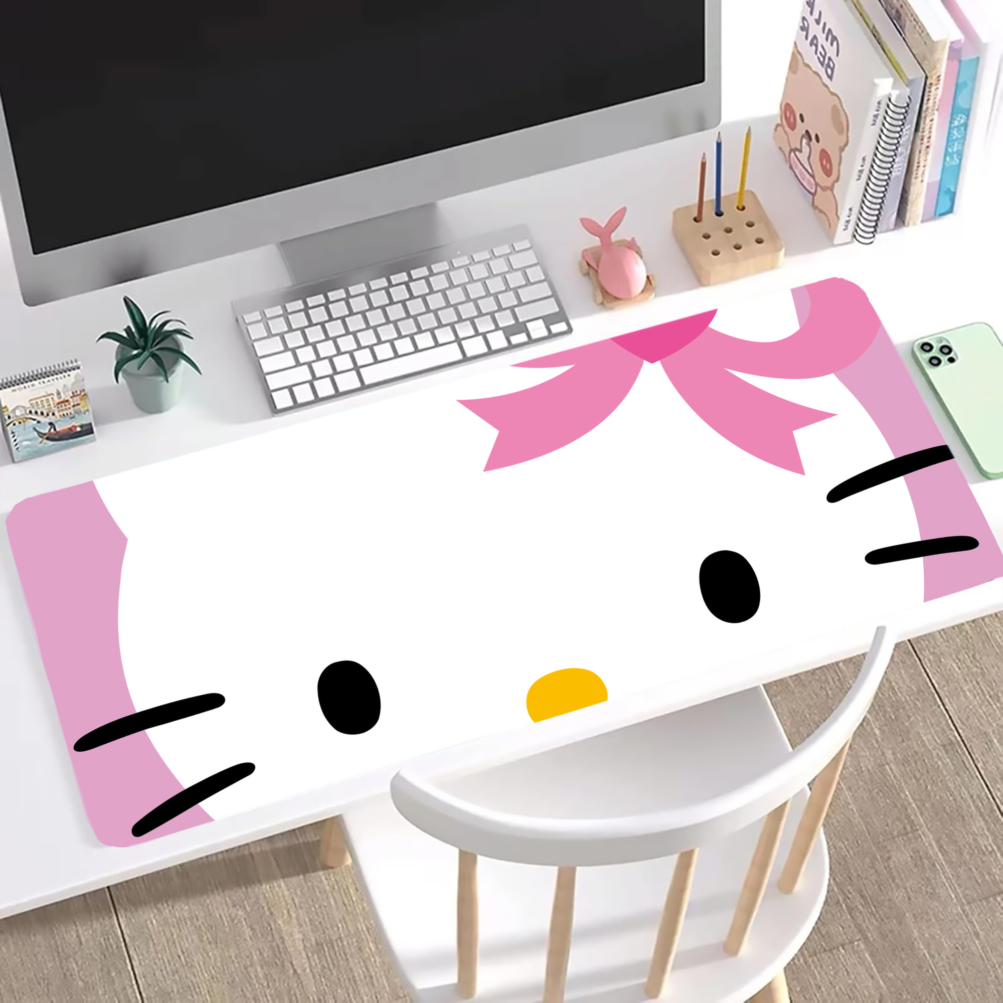 （画像用） Hello Kitty ハローキティ ステッチ加工 大判デスクマット／滑り止めマウスパッド
