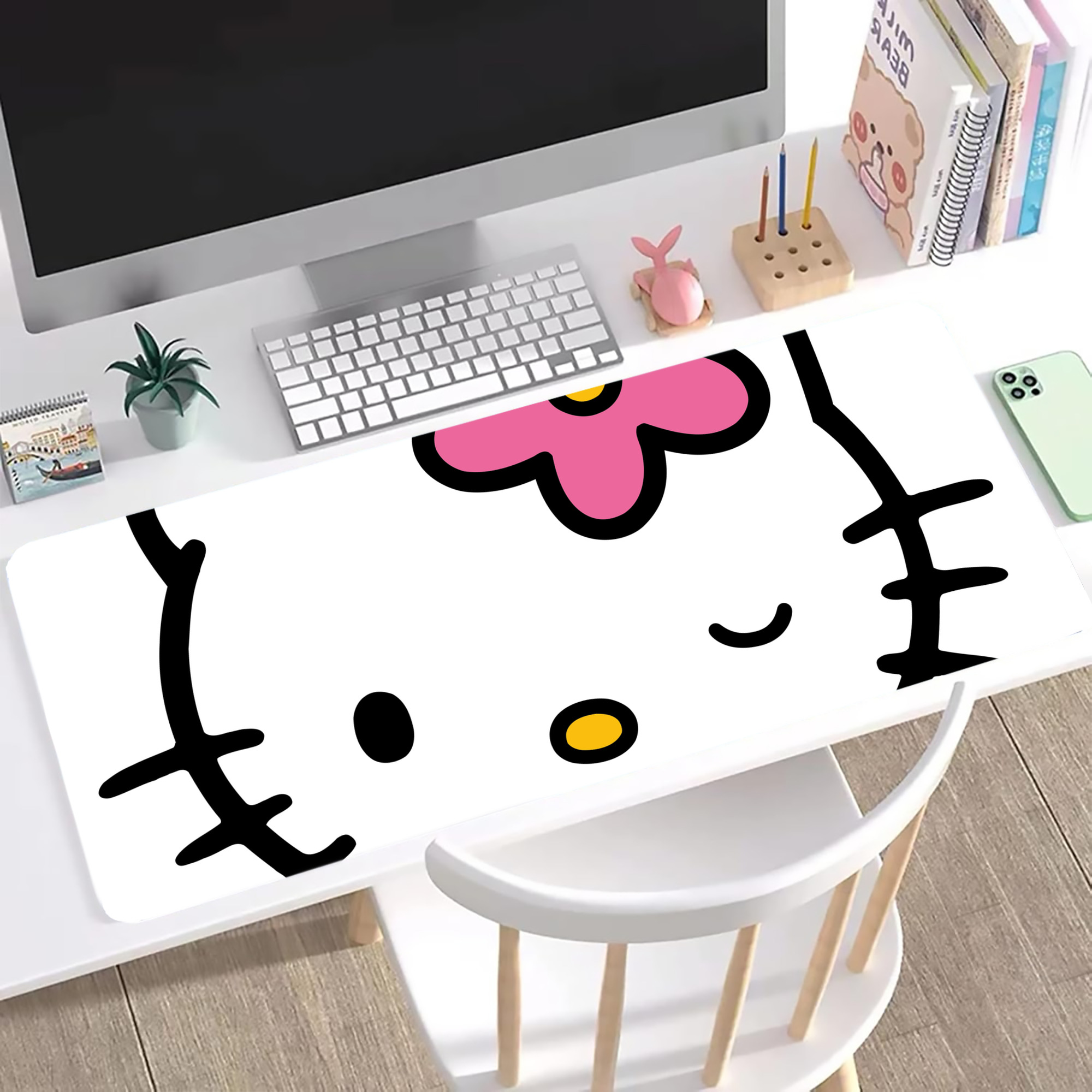 （画像用） Hello Kitty ハローキティ ステッチ加工 大判デスクマット／滑り止めマウスパッド