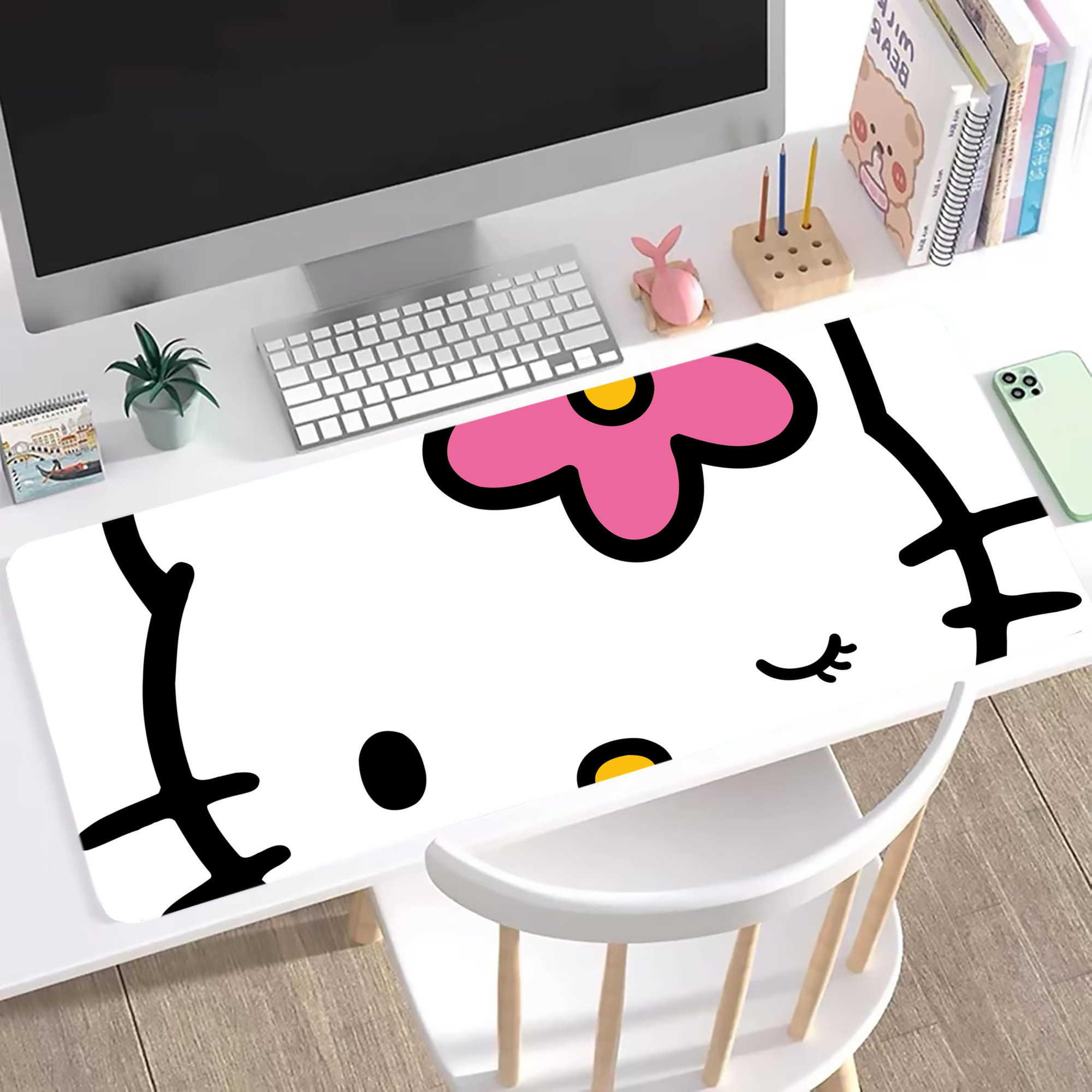 （画像用） Hello Kitty ハローキティ ステッチ加工 大判デスクマット／滑り止めマウスパッド